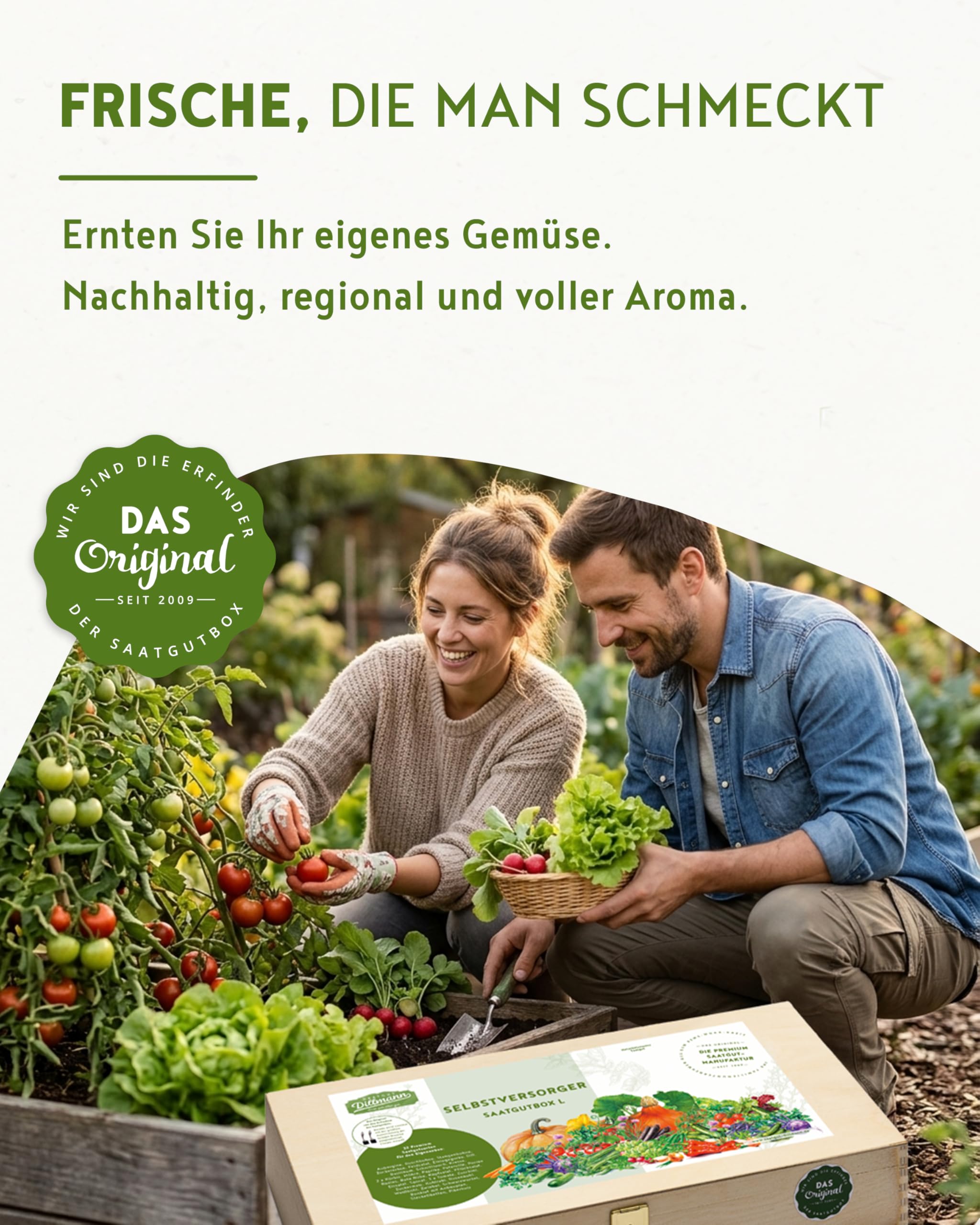Selbstversorger Saatgut Box L – 32 Sämereien | Einzeln in Keimschutztüten verpackt, Holzbox inkl. Pikierholz, Etiketten & Anbauplan