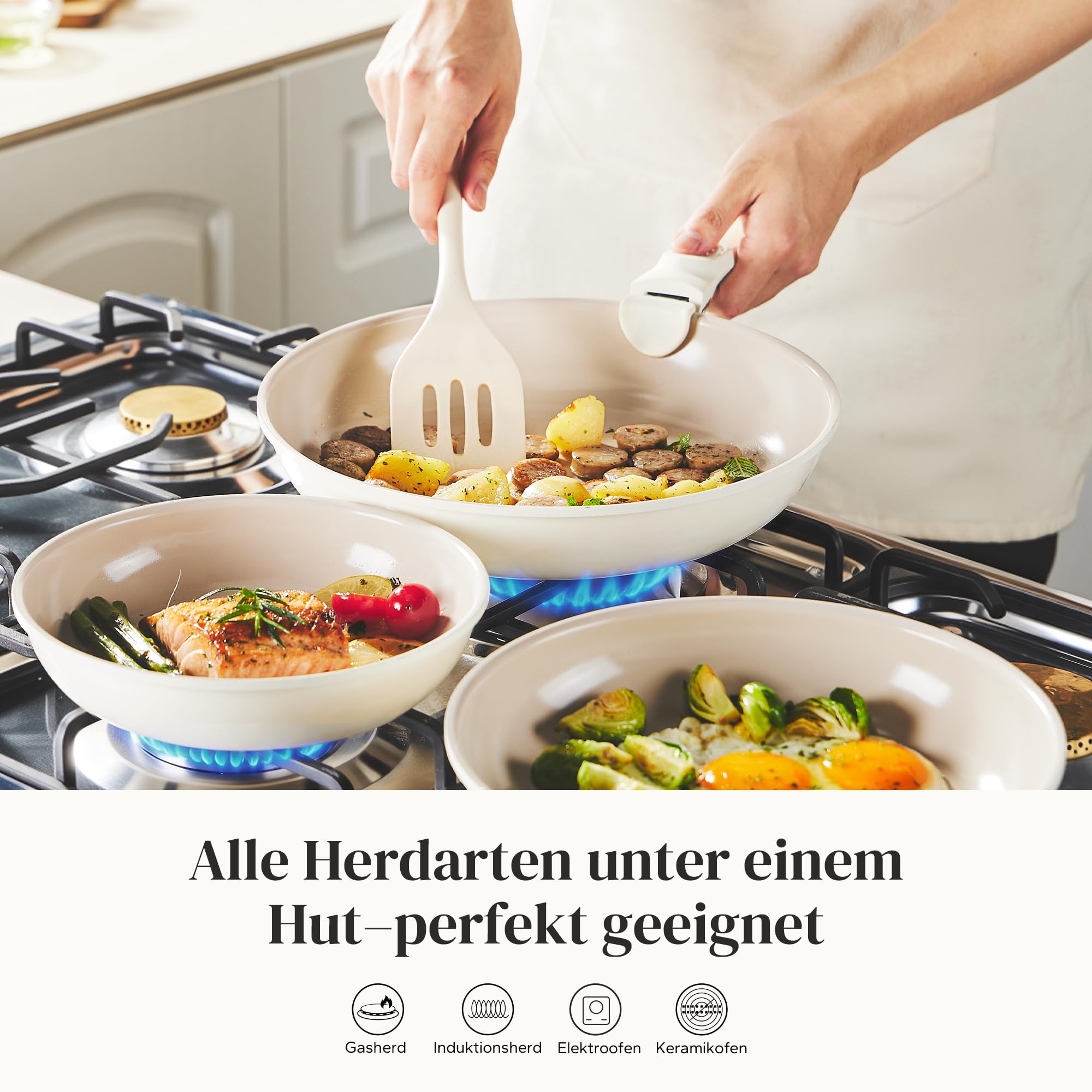 Redchef Pfannenset mit Abnehmbarer Griff, Pfanne Induktion, Keramikpfanne mit Antihaftbeschichtung, 6-Teiliges 20, 24, 28 cm Platzsparend Keramik Pfannen, PTFE-, PFOA- und PFAS-frei, Beige