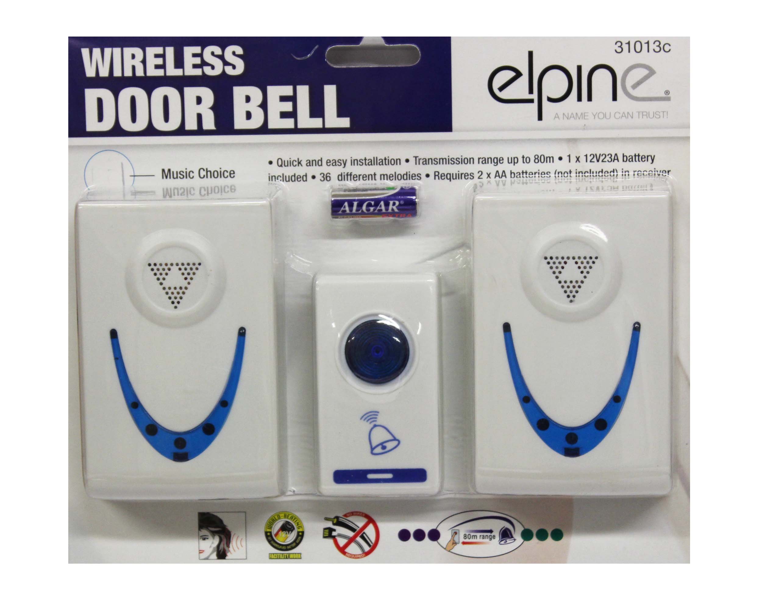 Elpine Twin Set 36 Melodies Chimes Wireless Cordless Double Door Bell 80M Range No Plug