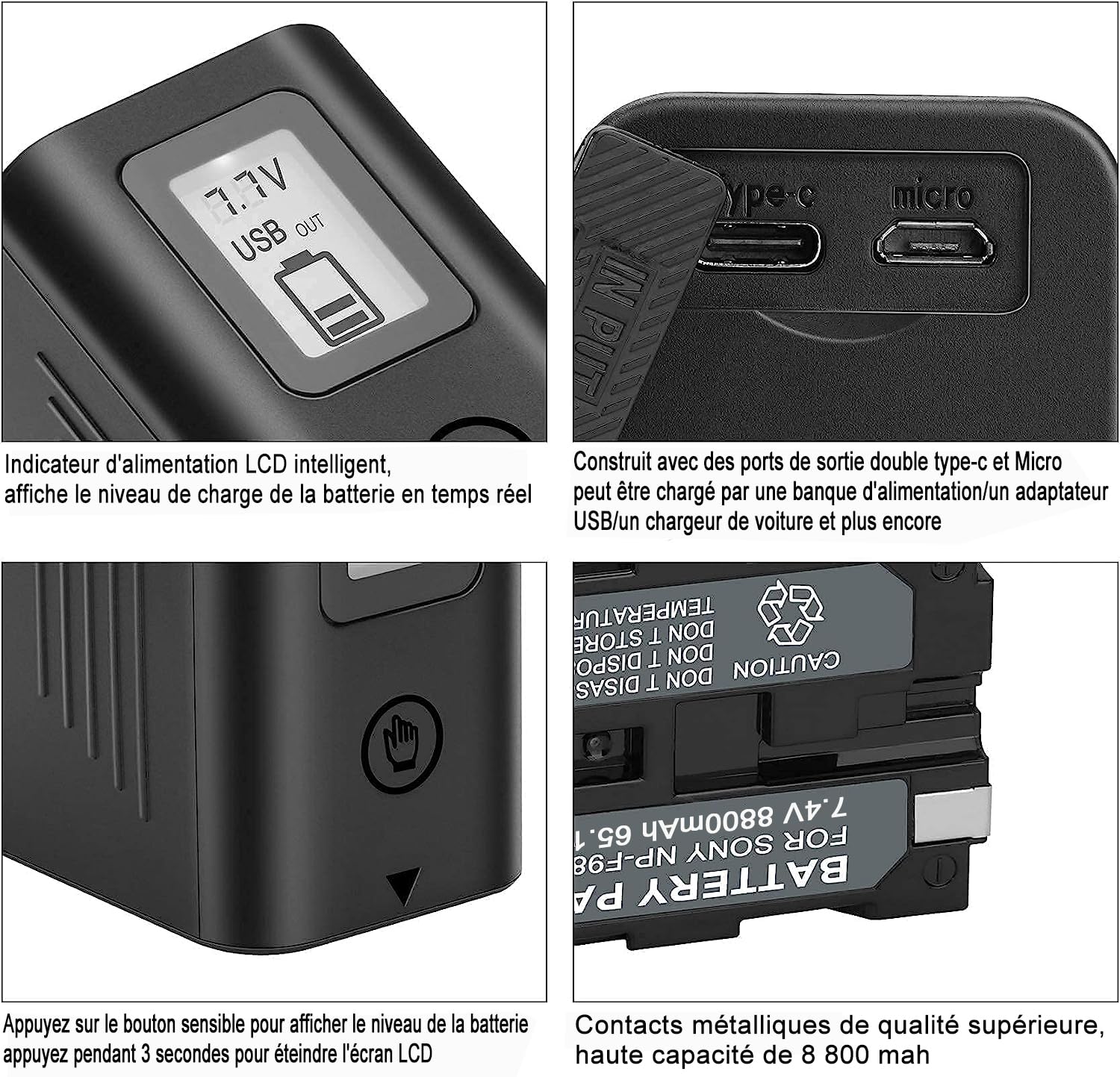 JYJZPB 2X 8800mAh NP-F970 Batterie pour Sony NP-F970 F960 F930 F950 F980 avec Chargement USB Affichage LCD Compatibles avec Sony DCR-VX2100 DSR-PD150 DSR-PD170 HDR-AX2000 HDR-FX7 HDR-FX1000