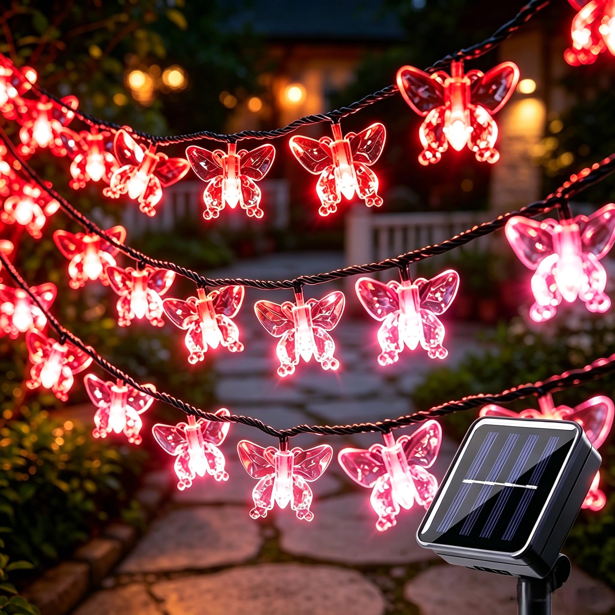VEROHY Butterfly String Lights Outdoor Solar Powered 30 LED 6.5M，Red