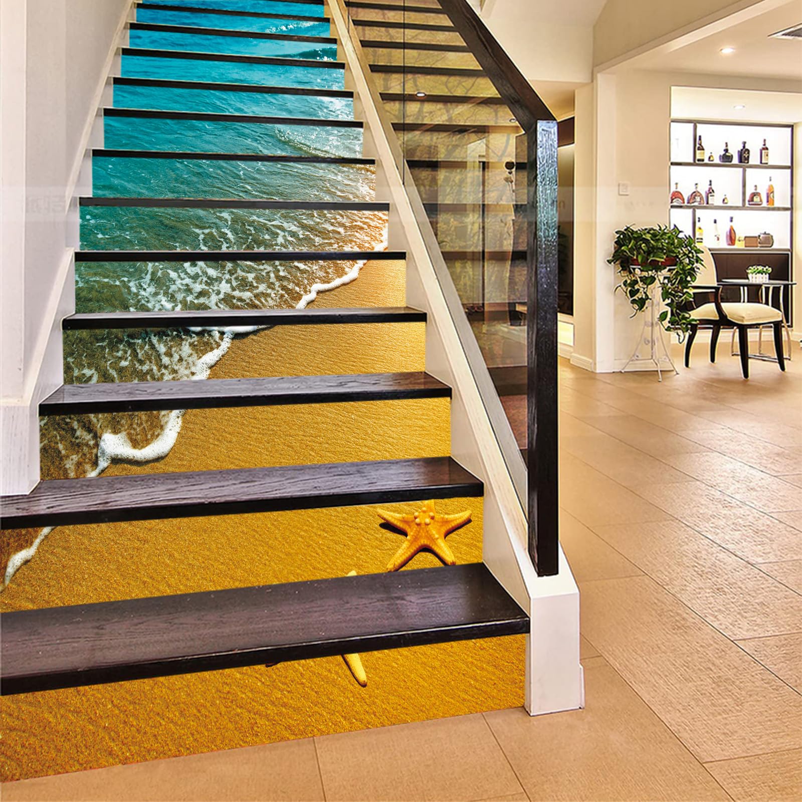Flfk G163 13Pcs Ocean Beach Starfish Stair Risers Sticker Peel And Sick 39.37"X7.08",Self-Adhesive Staircase Stickers Decals Mural Wallpaper For Home Decor