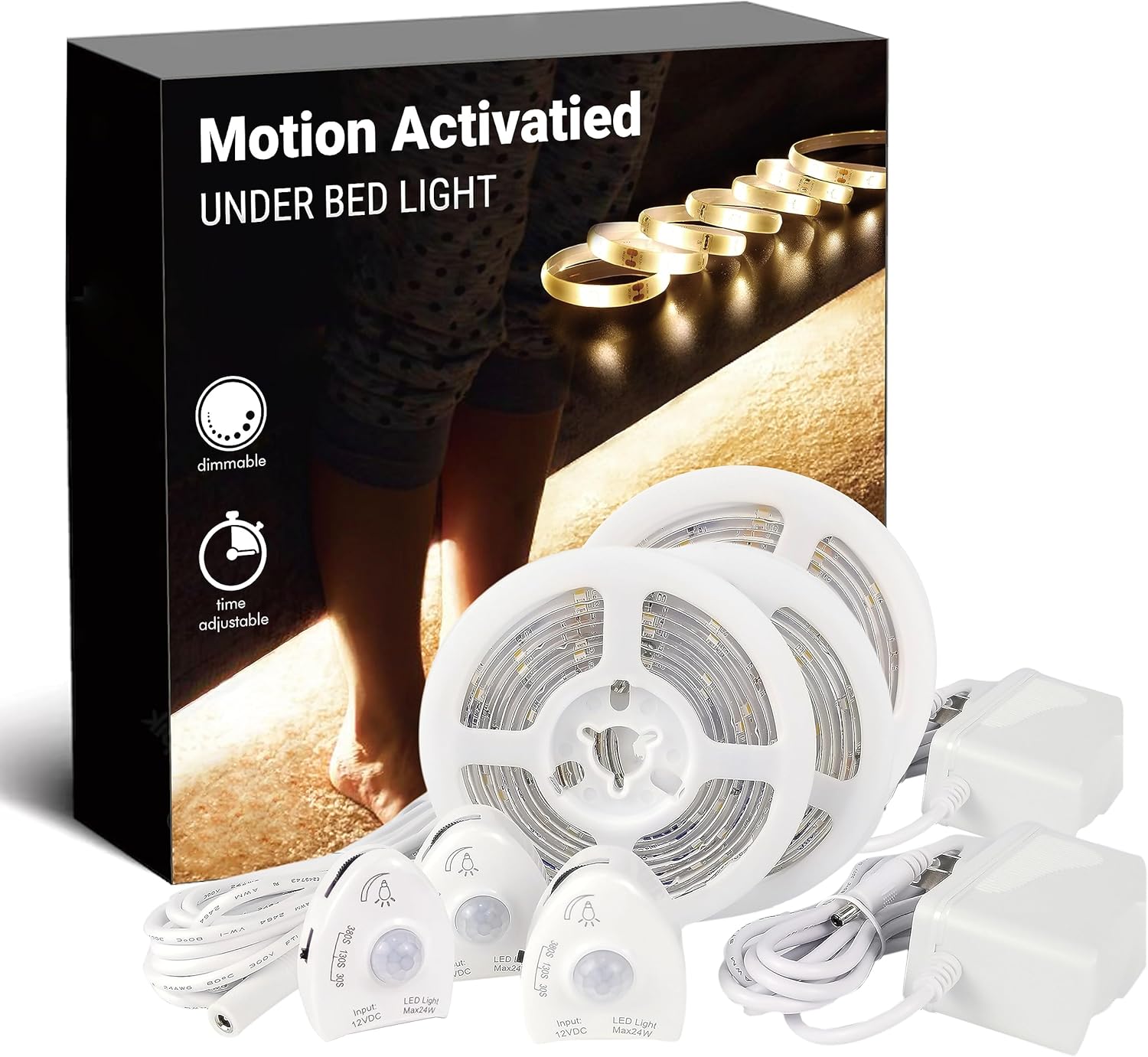 Motion Activated Night Light, 5ft Under Bed LED Strip Light, Motion Sensor Navigation Light for Baby, Bedside, Stairs, Warm White Dimmable, Perfect for Bedroom