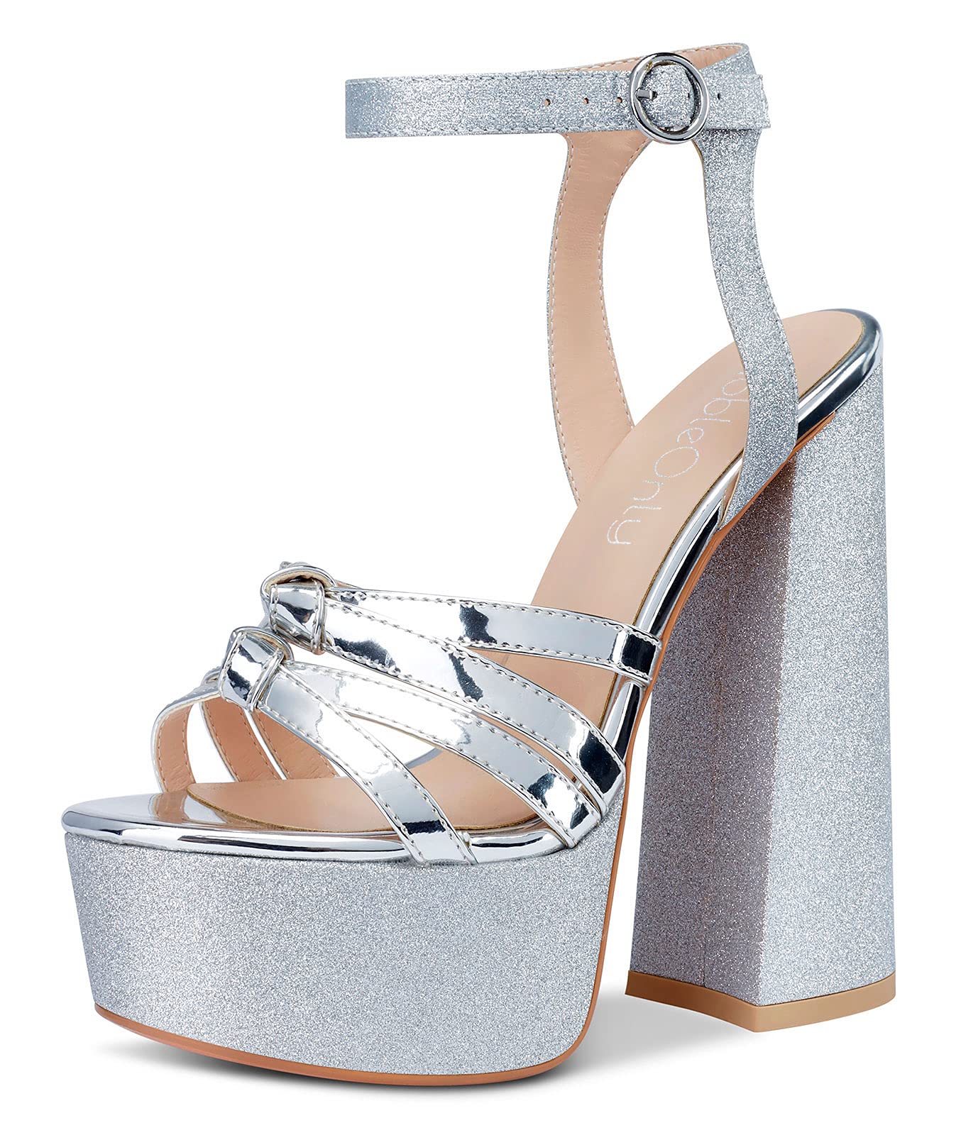 NobleOnly Damen Sandalen Plattform Ankle-Strap Peep-Toes 15CM Blockabsatz High Heels