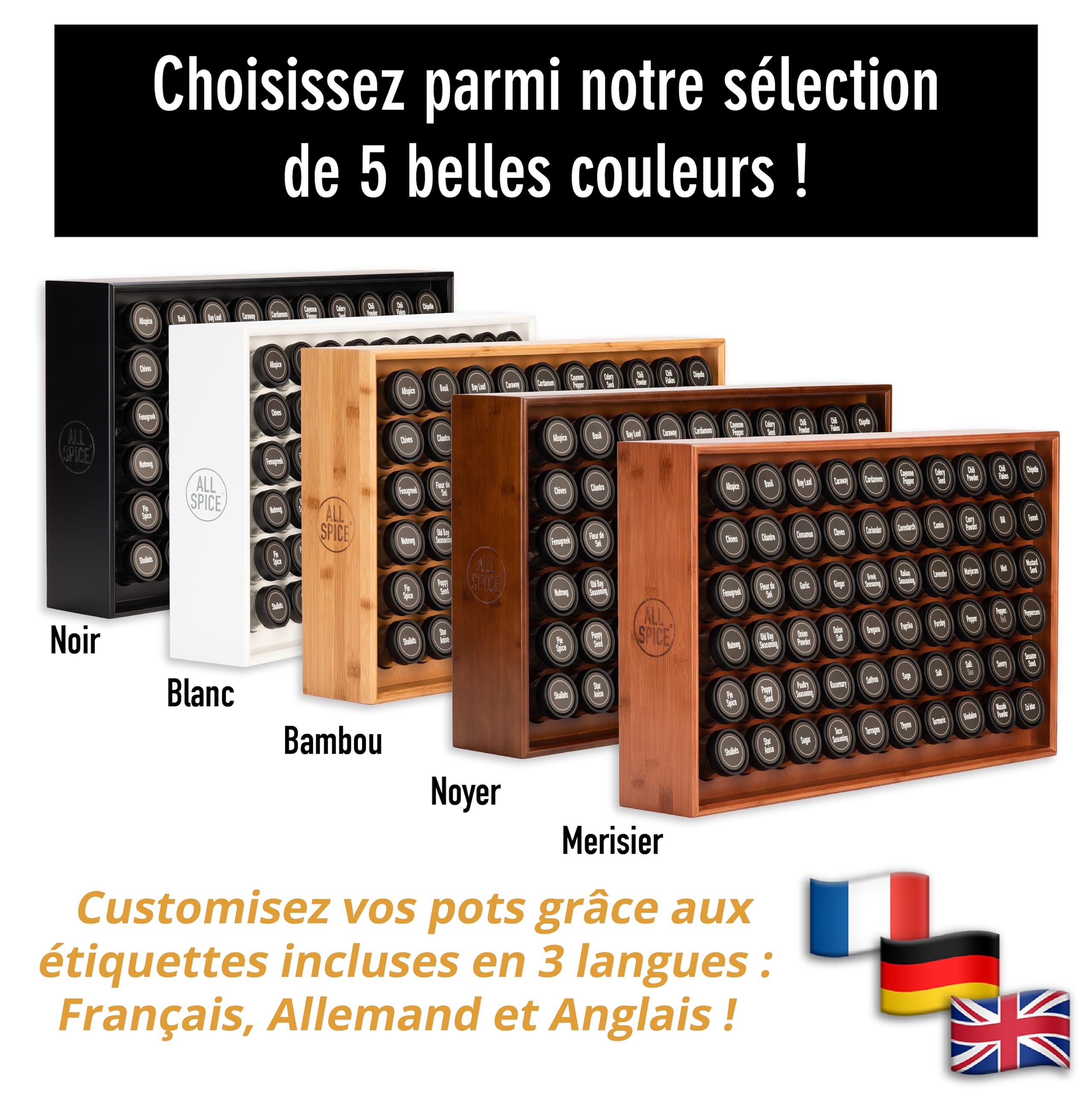 AllSpice étagère à épices en bois, comprend 60 pots en verre, étiquettes et accessoires, finition Noyer