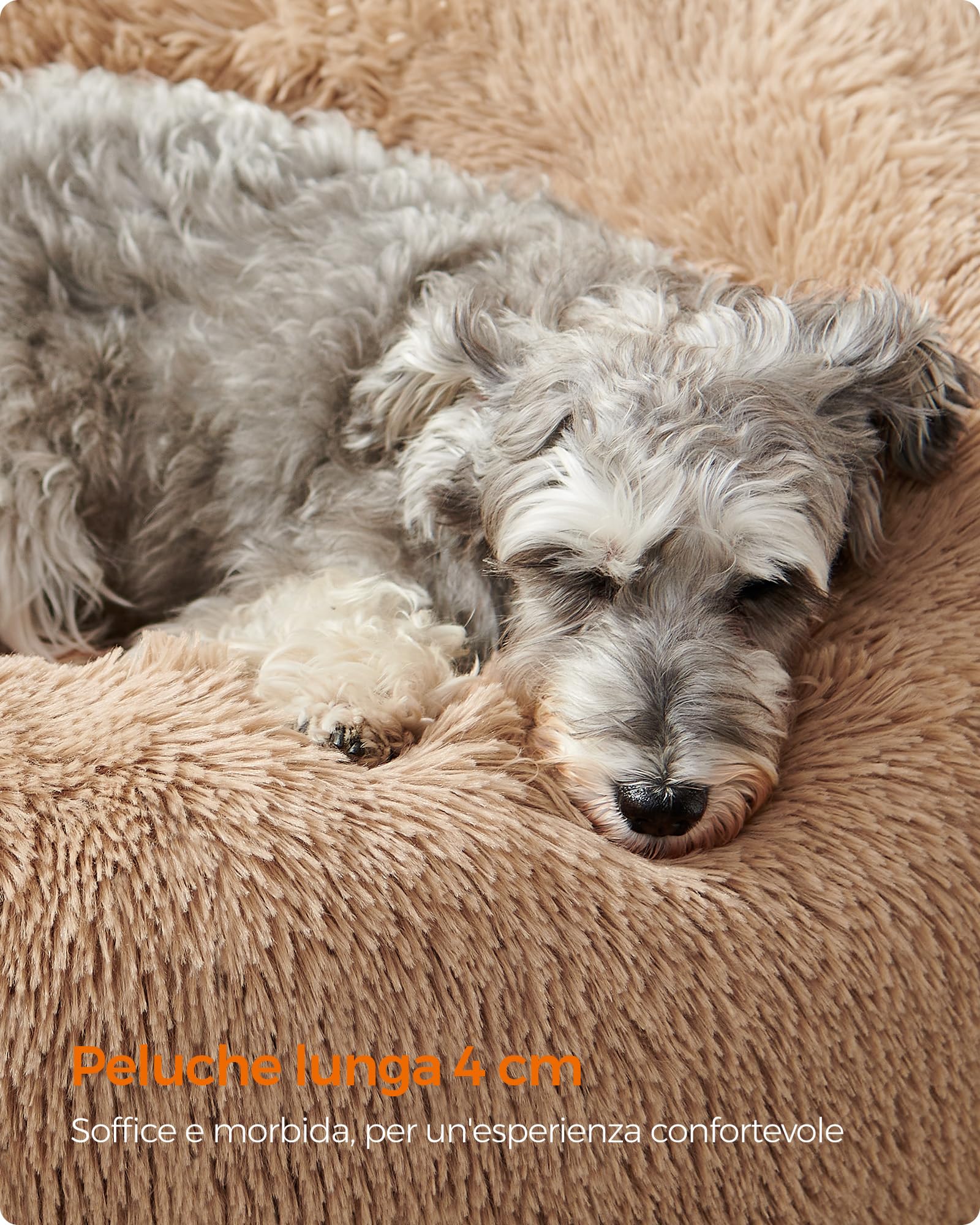 Feandrea Cuccia Cane Interno, Cuccia per Cani, Lettino per Animali Domestici a Ciambella, Cuscino Sfoderabile e Lavabile, Tappeto di Peluche, Diametro 70 cm, Marrone Cammello PGW039K01