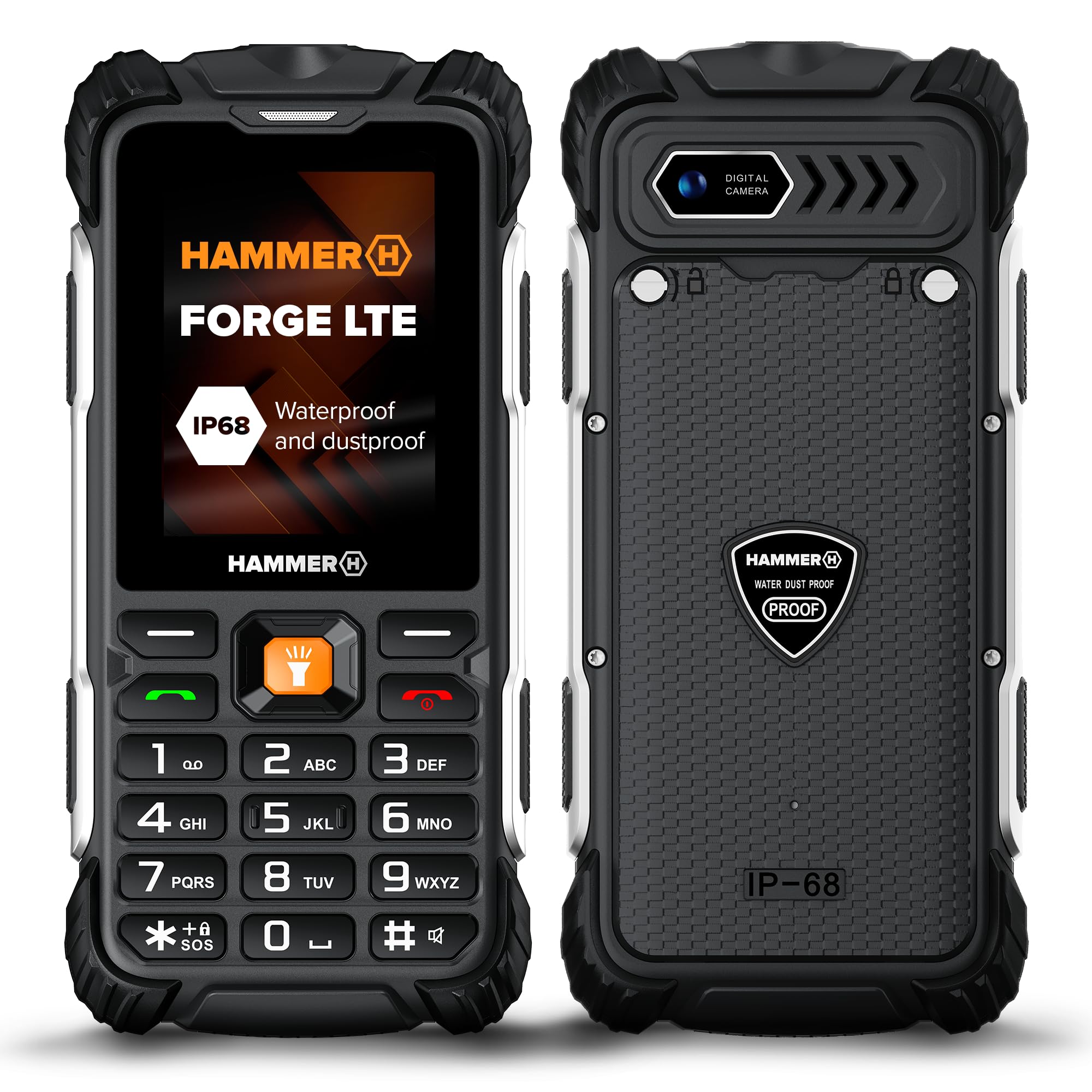 Hammer H Forge LTE Outdoor Mobile Phone without Contract, 3000 mAh Battery, 32 GB, 2.4 Inch IPS Display, Large Buttons, Torch, 2 MP Camera, FM Radio, USB-C, Dual SIM, IP68/MIL-STD-810H, Black