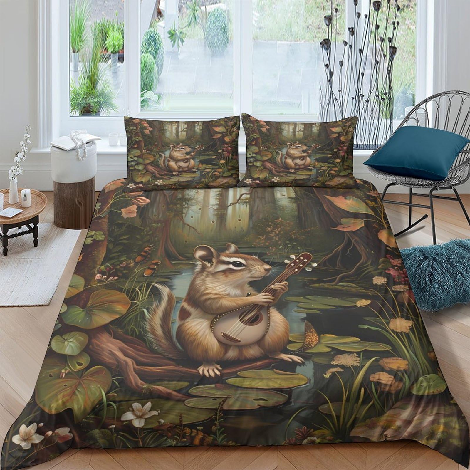Ctjqhvkz Style-7 3D Printed Forest Frog Fitted Sheet Microfiber Soft Anti-Slip Woodland Mattress Cover Bedroom Decor Washable Single（135X200cm）
