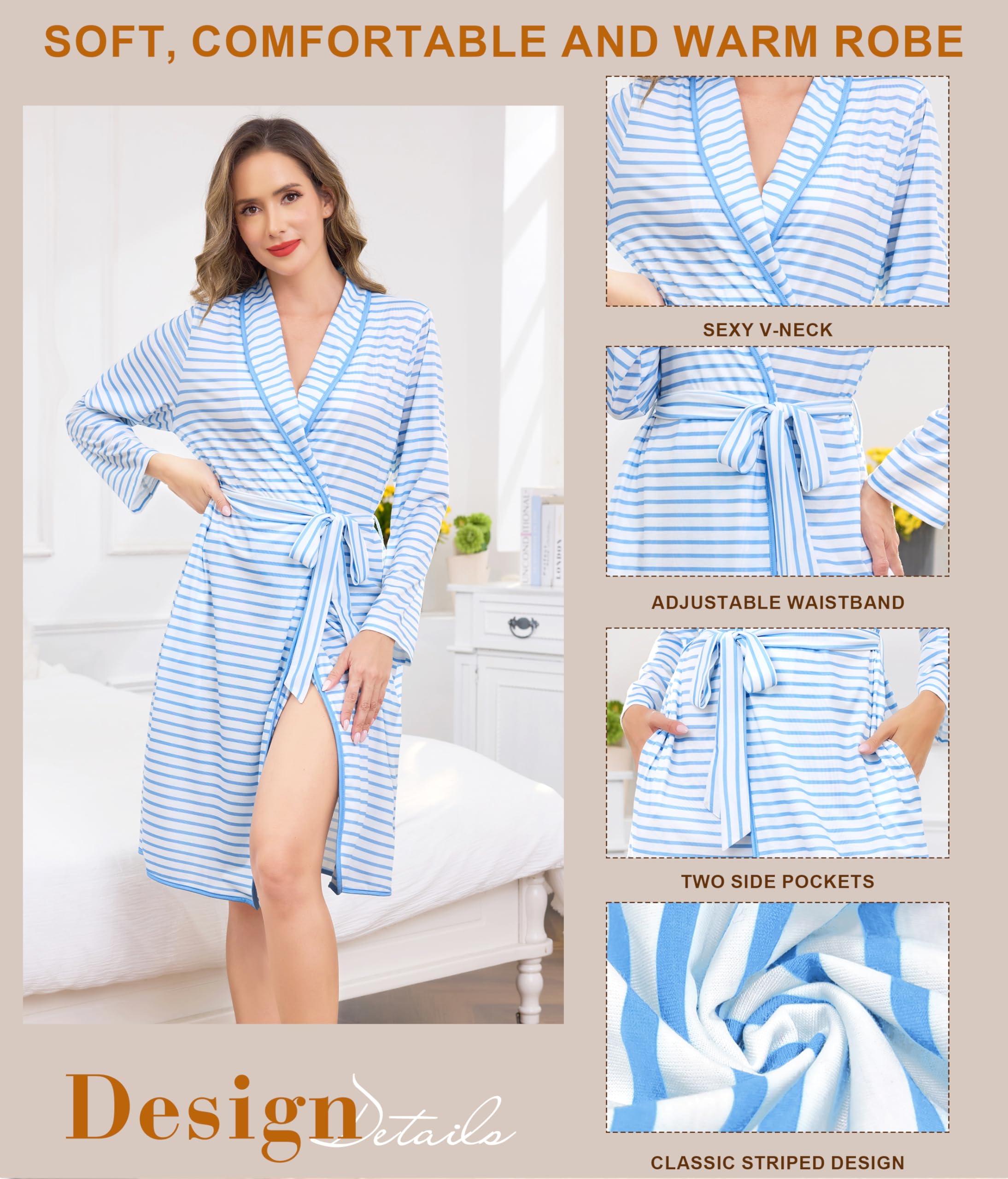 Vlazom Peignoir Femme en Coton Long à Rayures Léger et Confortable avec Ceinture Nouée