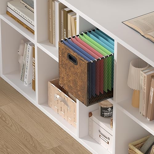 Miniatura 6 de Piskyet Organizador de archivos colgante de madera para escritorio, organizador de carpetas de archivos de malla metálica, caja de almacenamiento