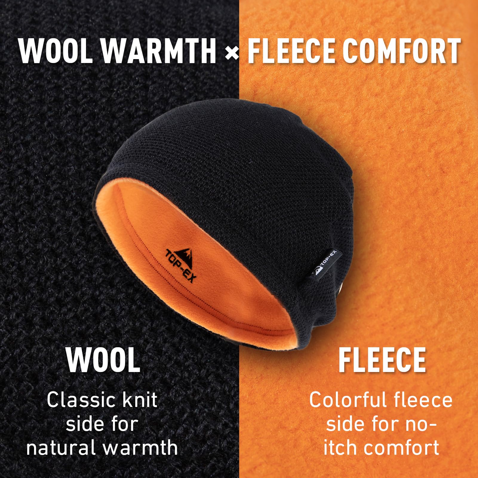 TOP-EX XL/XXL - Gorro de lana de invierno para hombre, gorro de punto reversible con forro polar cálido
