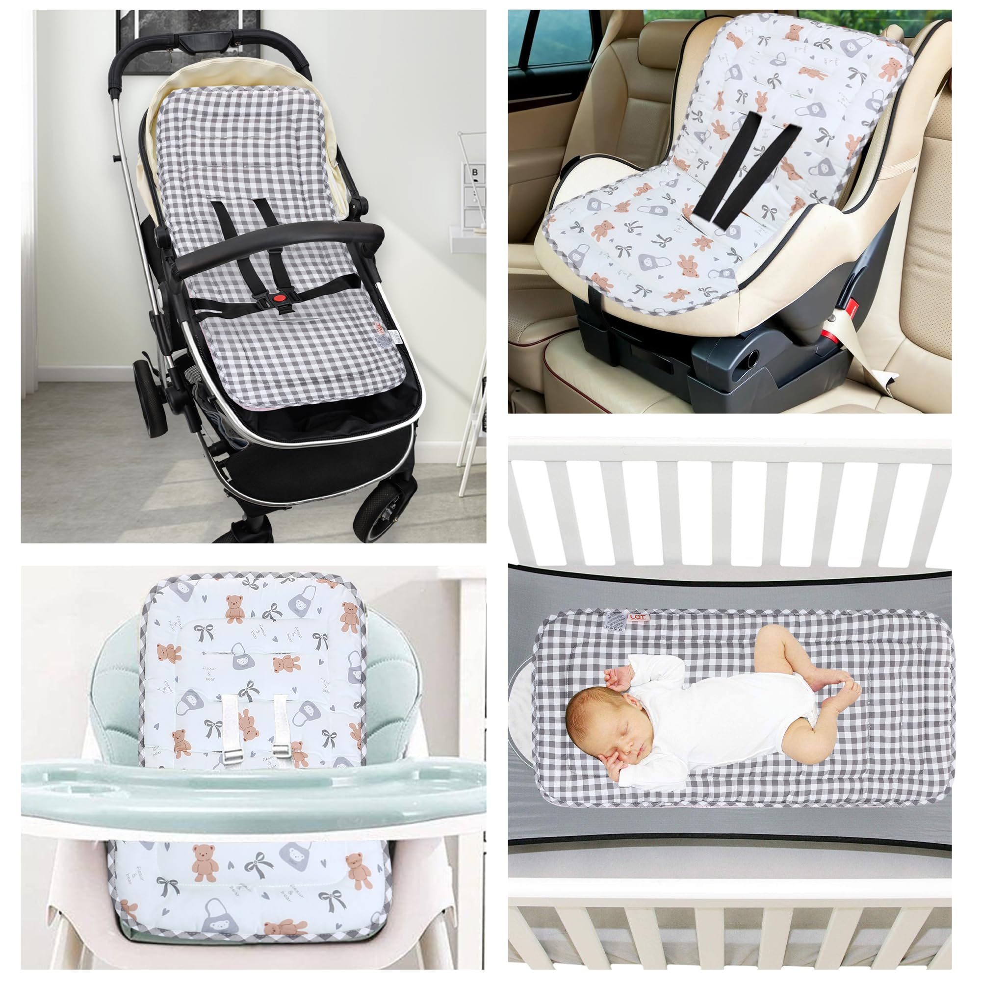 LAT Colchoneta Silla Paseo, Almohadilla Reversible para Cochecitos, Suave y Transpirable Algodón Funda Carrito Bebe Universal, Cojín Doble Cara para Silla de Auto y Carrito (Oso)