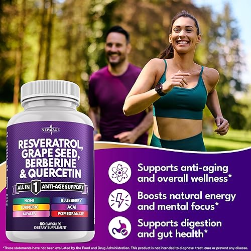 Miniatura 3 de NEW AGE Resveratrol, berberina, extracto de semilla de uva, quercetina, suplemento de polifenol para mujeres y hombres con extracto de noni,