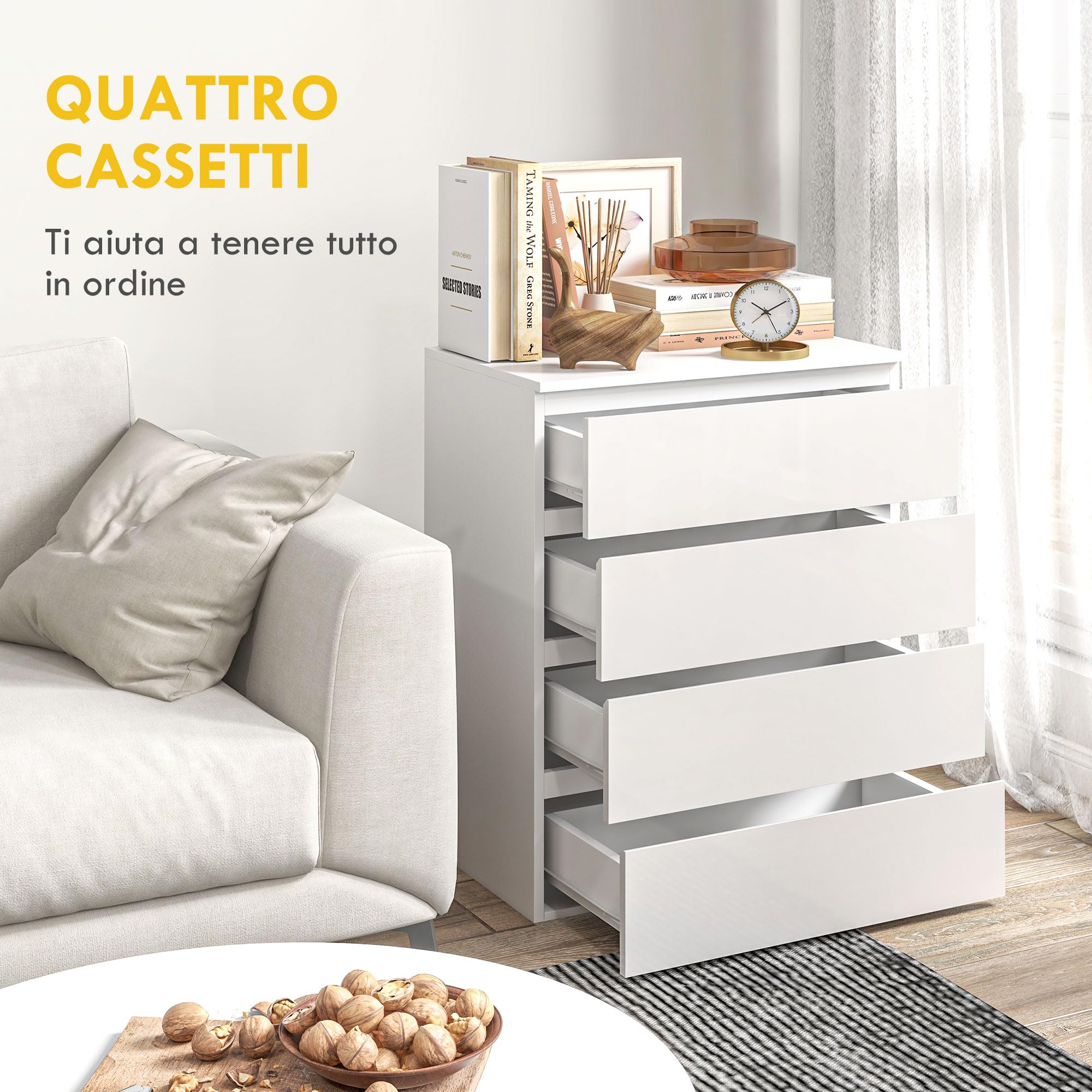 HOMCOM Cassettiera Camera da Letto 4 Cassetti, Comò Camera da Letto in Legno, per Soggiorno, Sala da Pranzo e Corridoio, 60x40x80 cm, Bianco