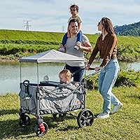 Vista 14 de Busy Bee Foldable Wagon Stroller for 2 Kids, Push Pull Collapsible Kids Wagon with Adjustable Handle Bar, Removable Canopy, 5-Point Harness
