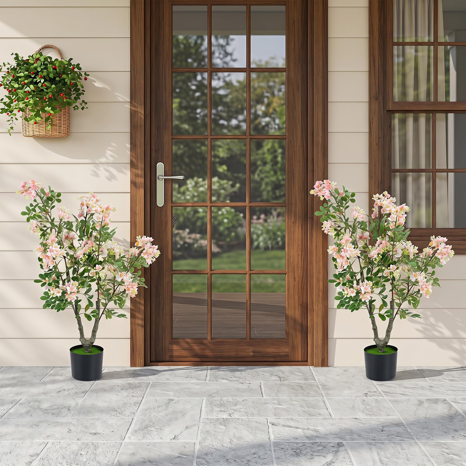 COSTWAY Lot de 2 Arbres d'Impatiente Artificiel 90 cm Pot Ciment