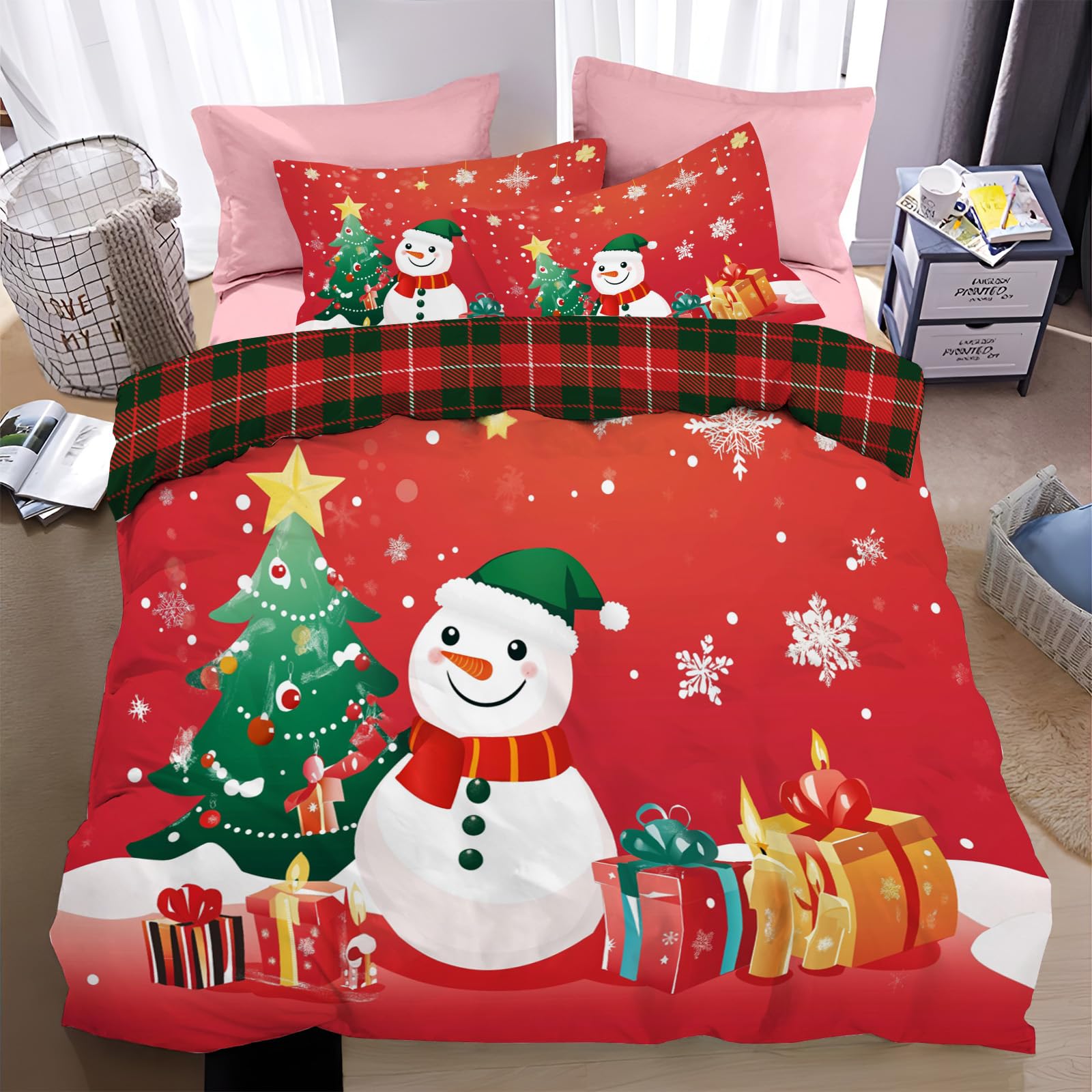 Housse de couette bonhomme de neige dessin animé avec arbre de Noël réversible
