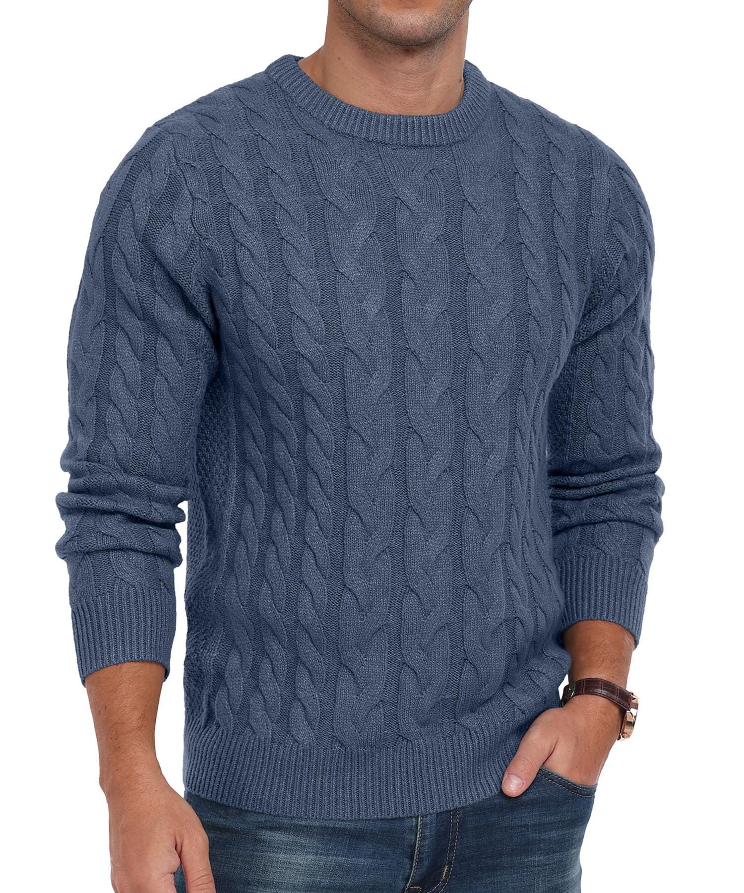 QIXING Men's Cable Knit Jumper Crew Neck Casual Long Sleeve Chunky Knit Sweater with Ribbing Edge