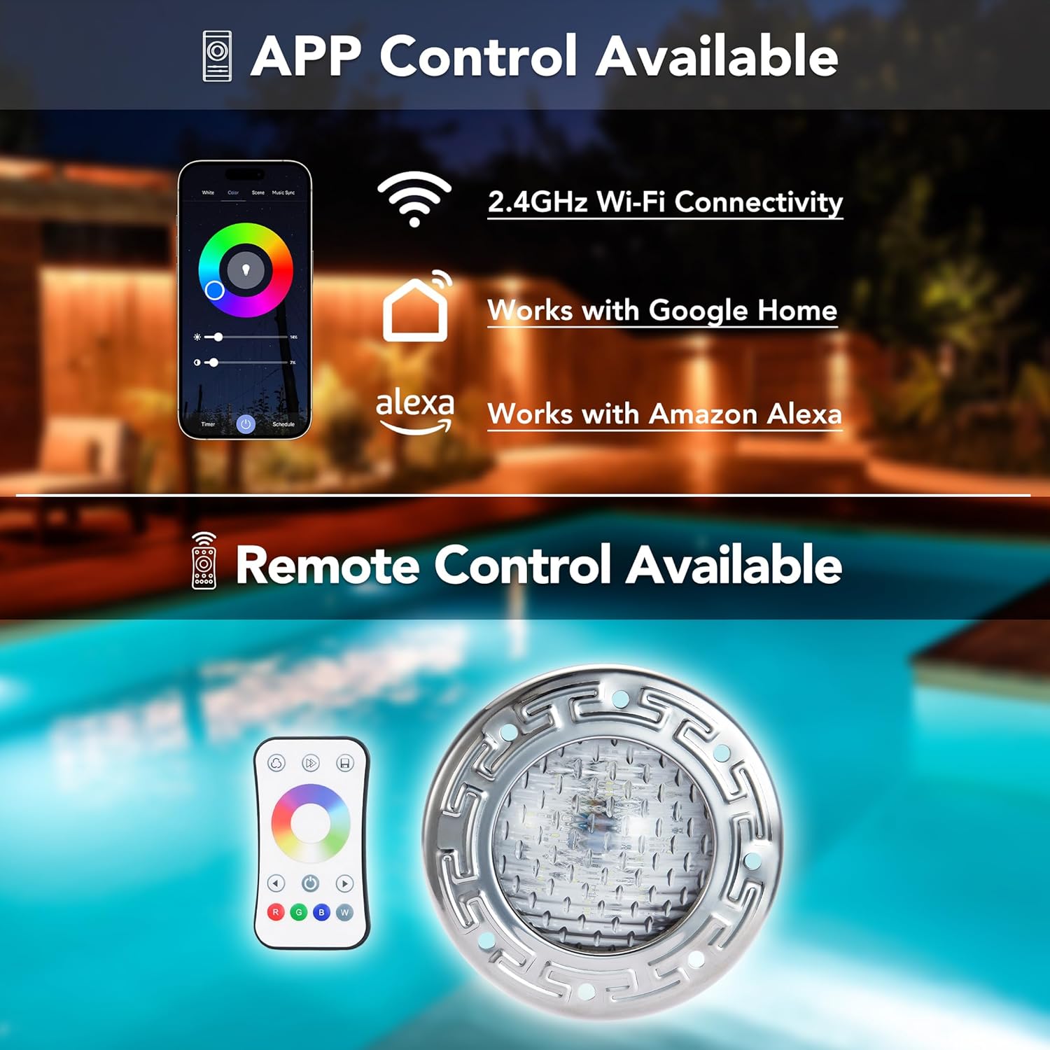 HQUA PN04DC Inground Pool/Spa Lighting System RGBW Color Change 6 Inch 50W LED, Remote/APP Control, 120V AC, 100 Feet Cord, UL Listed Transformer Included