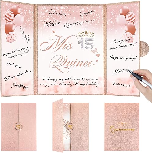 Brilucky Libro de invitados de quinceañera para decoraciones de cumpleaños de 15 años para adolescentes, signo de membrillo Mis para fiestas,