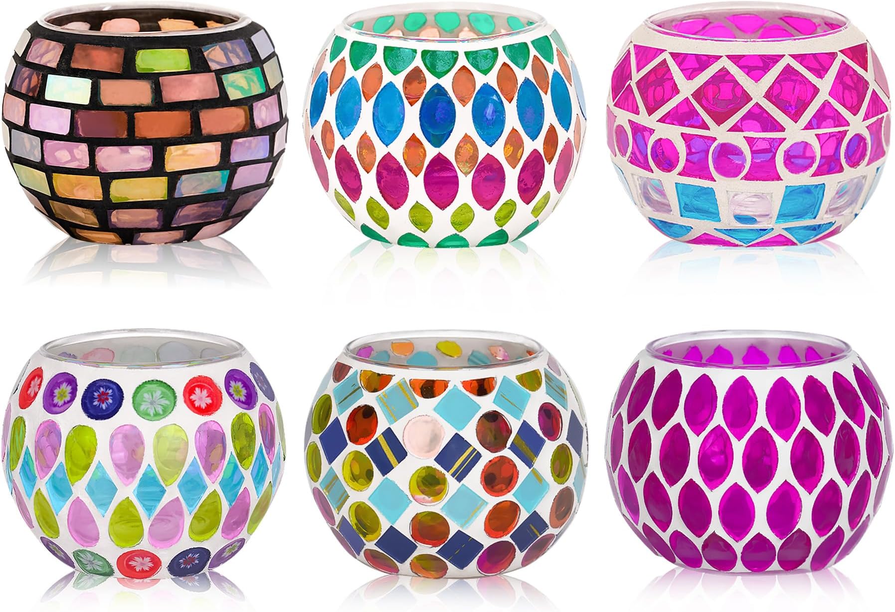 Tea Light Candle Holders, Set of 6 Mosaic Glass Candle Holder Coloured Tealight Holders, Romantic Votive Candle Holder Handmade Round Candle Holders for Party, Wedding, Christmas Day