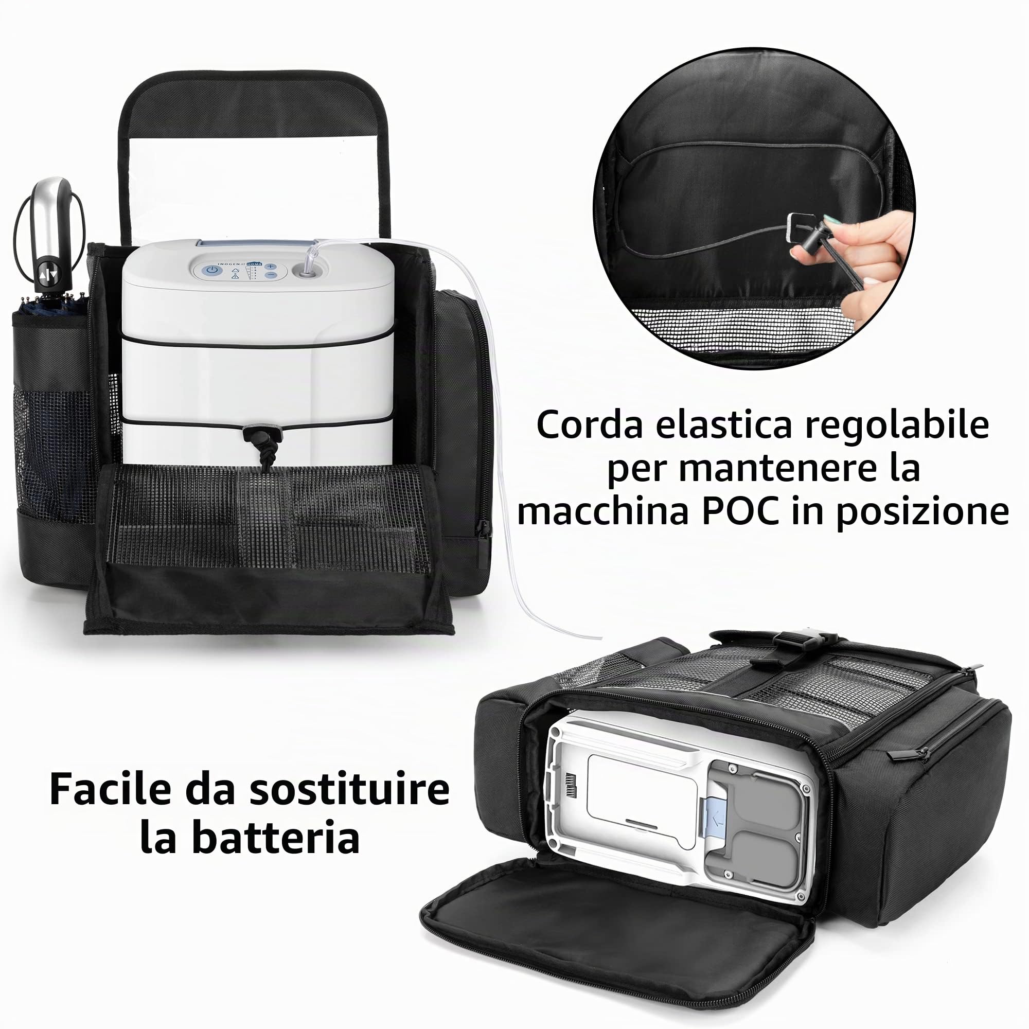 CURMIO Borsa da viaggio per concentratori di ossigeno portatili, compatibile con Inogen One, Oxygo, unità Caire, SimplyGo Mini, borsa da viaggio POC per macchina e accessori, Nero | Zaino da Viaggio per POC, Rete Traspirante, Apertura sul Fondo, Compatibi