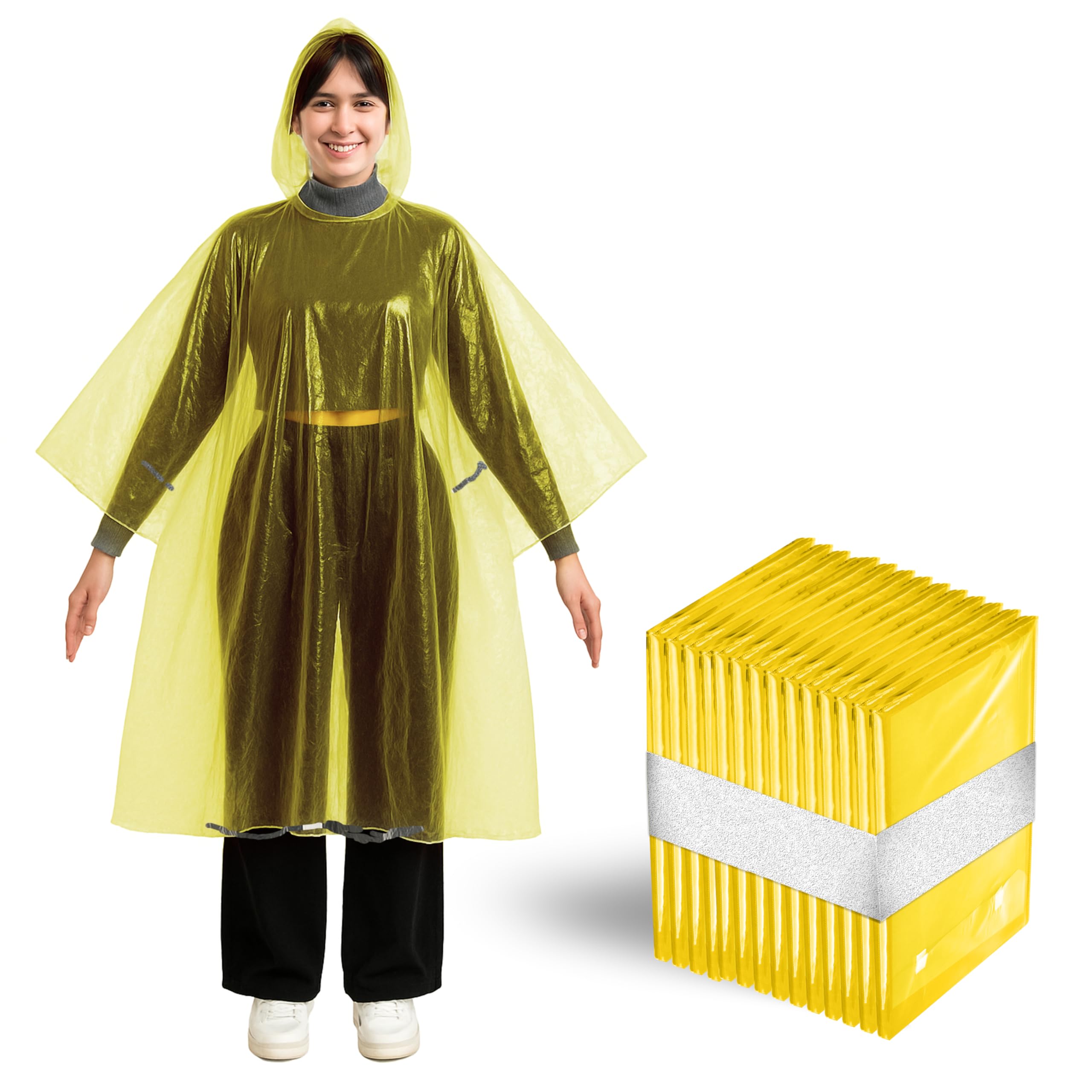 Better Office Products Disposable Yellow Rain Ponchos with Hood for Adults (Thicker Gauge), Emergency Ponchos, Lightweight