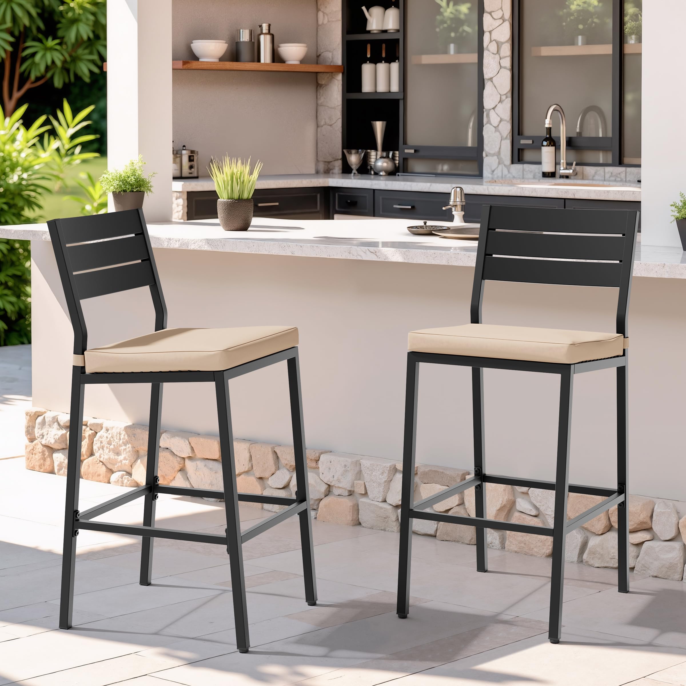 Crestlive Products Outdoor Bar Stools Set of 2, Patio Counter Height Barstools with Cushions, Tall Chairs with Back and Footrest for Deck, Lawn,