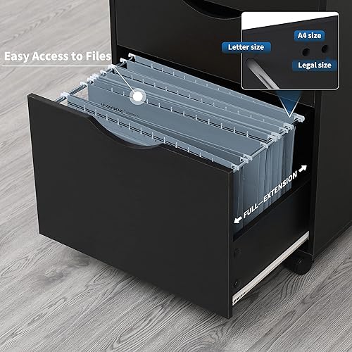 Miniatura 4 de QDSSDECO Archivador de 3 cajones, archivador vertical móvil para tamaño A4, papel legal y papel de carta para oficina en casa, color negro
