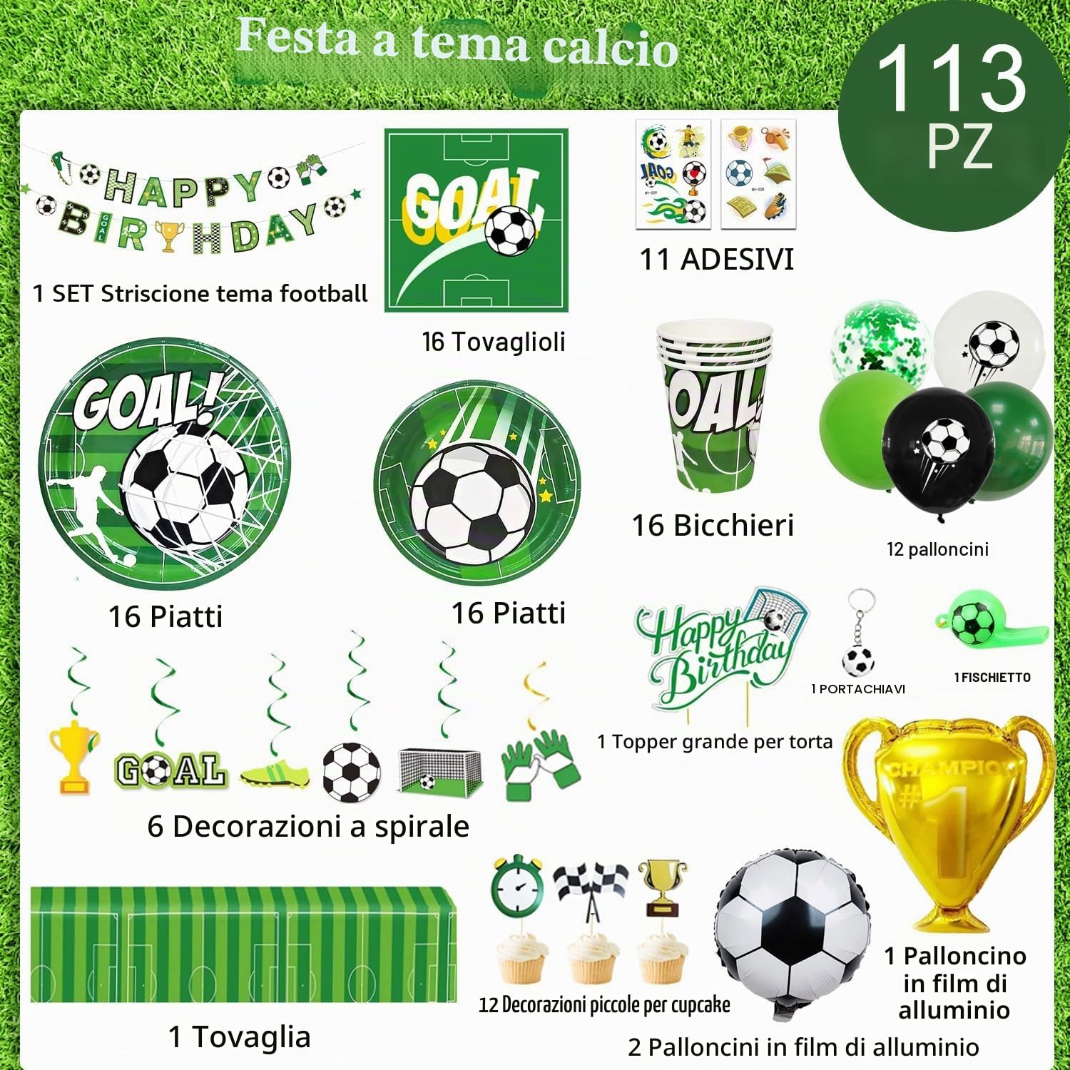Forniture per Feste di Calcio,16 Ospiti Calcio Stoviglie per Feste di Compleanno Calcio Decorazioni Set-Tema Calcio per Piatti Tazze Striscioni etc Decorazioni Compleanno Tema Sportivo