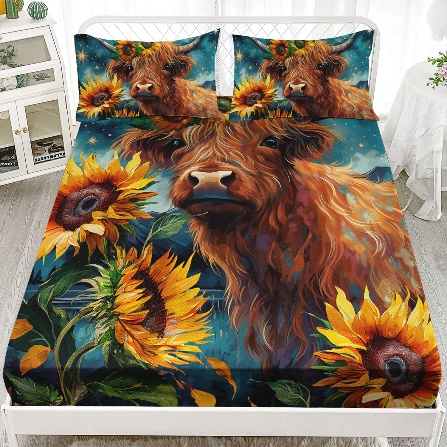 HOSIMA Western Farmhouse Animals Cow and Sunflower Bedding Set 3Pcs with 2 Pillowcases,Highland Cow Print Bed Set Fitted Sheet,Floral Bedding Set Galaxy Star Moon Fitted Sheets for Queen Size Bed.
