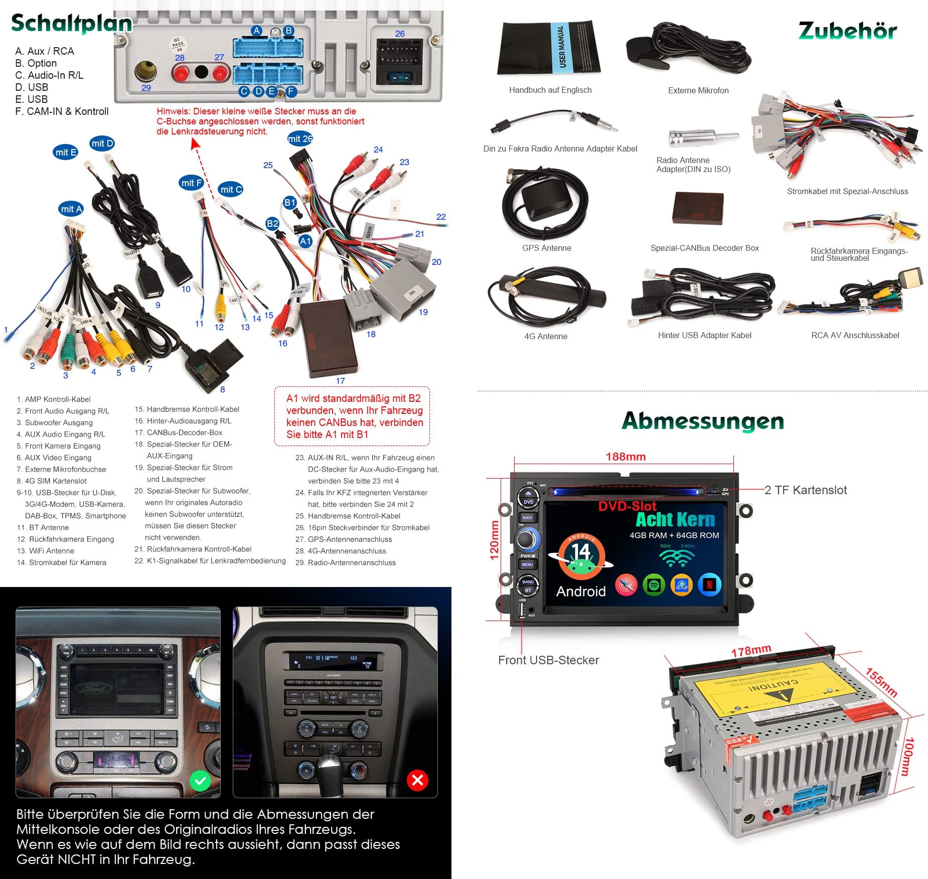Erisin Radio samochodowe z systemem Android 14, 8 rdzeni, 4 GB + 64 GB, GPS, dla Forda Focus F150 F250 F350 Explorer Fusion Mustang Edge Five Hundred, obsługuje IPS, Bluetooth 5.0, CarPlay, Android