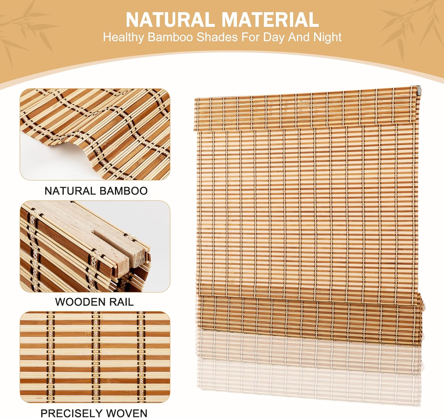 ALIMOO Cordless Bamboo Roman Shades, Natural Bamboo Lift Up Blinds for Indoor Windows, Light Filtering Roman Shades for Home Installation, 72" W x 72" L