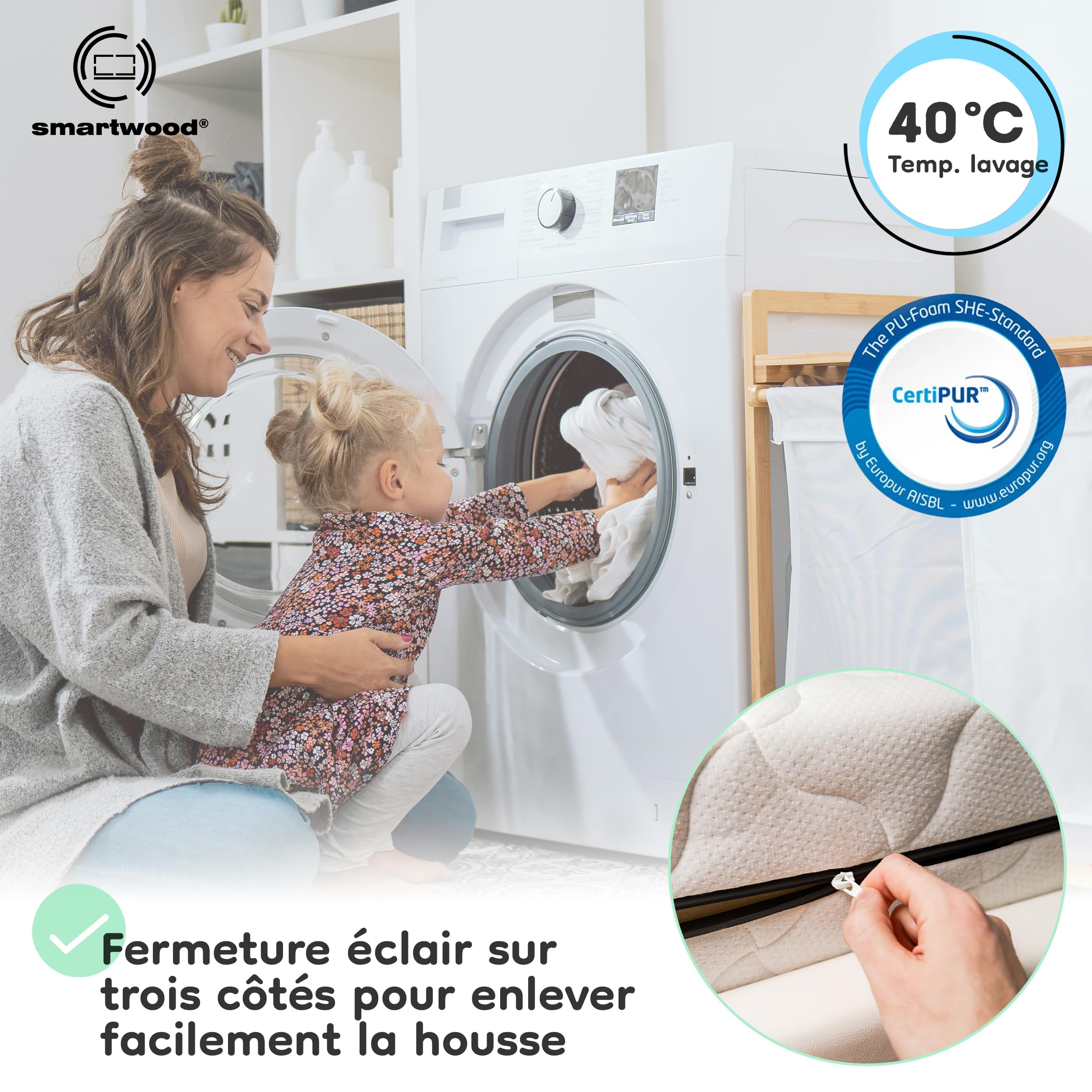 smartwood Matelas 80x150 Enfant - Mousse Matelas 9 cm - Mi-fermé H2 Certifié Oeko-TEX - Réversible - Housse Lavable Anti-Allergique et Respirante | Made in EU