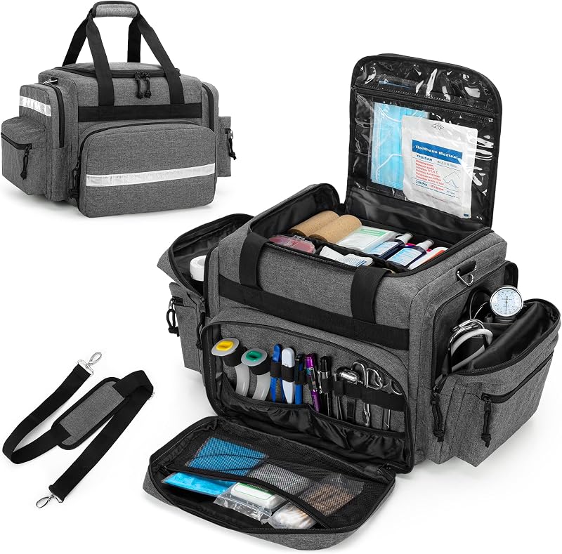 Damero Professional Medical Bag Empty, First Responder Trauma Bag, Gray | Medical Emergency Bag with Detachable Dividers, Adjustable Shoulder Strap, for Home Health Care, EMT, EMS, Bag Only