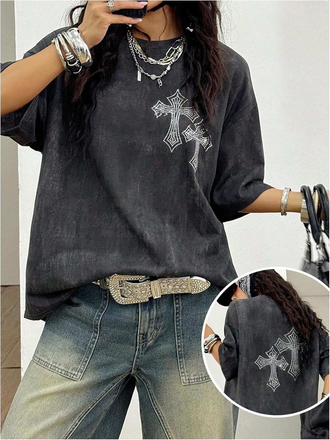 SOLY HUX Women's Y2k Gothic Rhinestone T Shirt Graphic Tees Half Sleeve Oversized Vintage Streetwear Summer Tops - Image 5