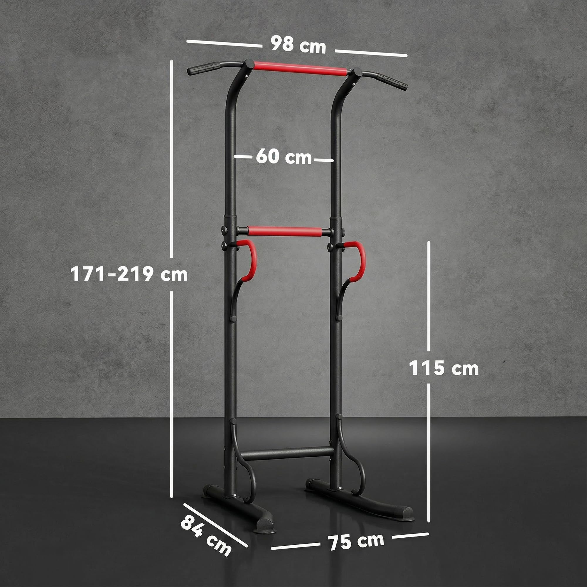 HOMCOM Station de musculation multifonctions barre de traction chaise romaine hauteur réglable acier noir rouge