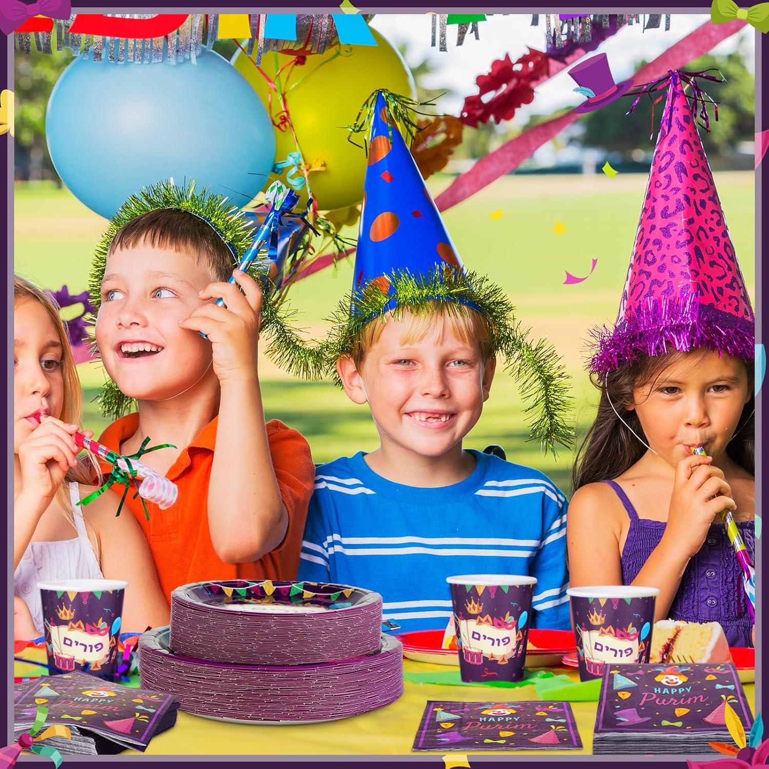 200 Pcs Happy Purim Party Supplies Purim Party Tableware Set Includes 50 Paper Plates, 50 Paper Dessert Plates, 50 Cups, and 50 Napkins