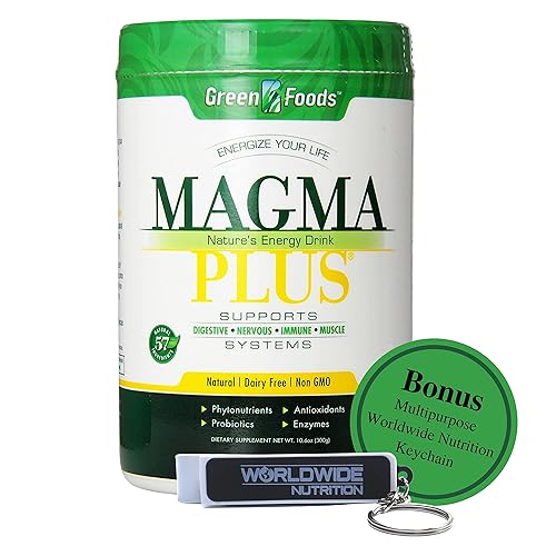 Green Foods Magma Plus Organic Superfood - Mezcla de bebida en polvo, 10.6 onzas con llavero multiusos Bonus Worlwidenutrition