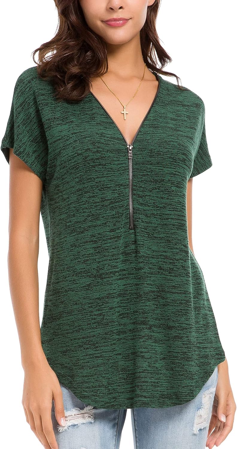 LUSMAY Women's Casual Zipper V Neck Short Sleeve Tunic Tops Loose Fitting T Shirts Blouse