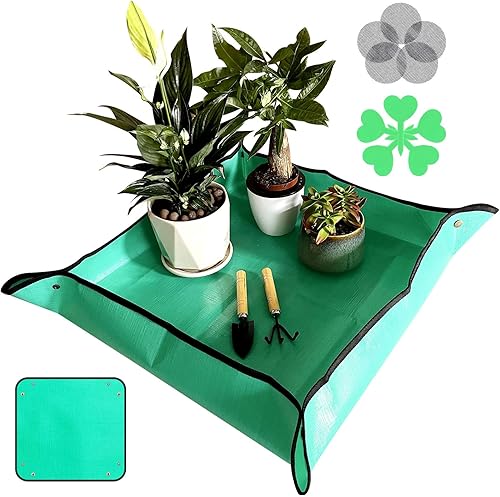 ZAFFIRO Tapete grande para macetas, bandeja para plantas de trasplante de 39.4 x 39.4 pulgadas, tapete de jardín con etiquetas verdes para plantas y