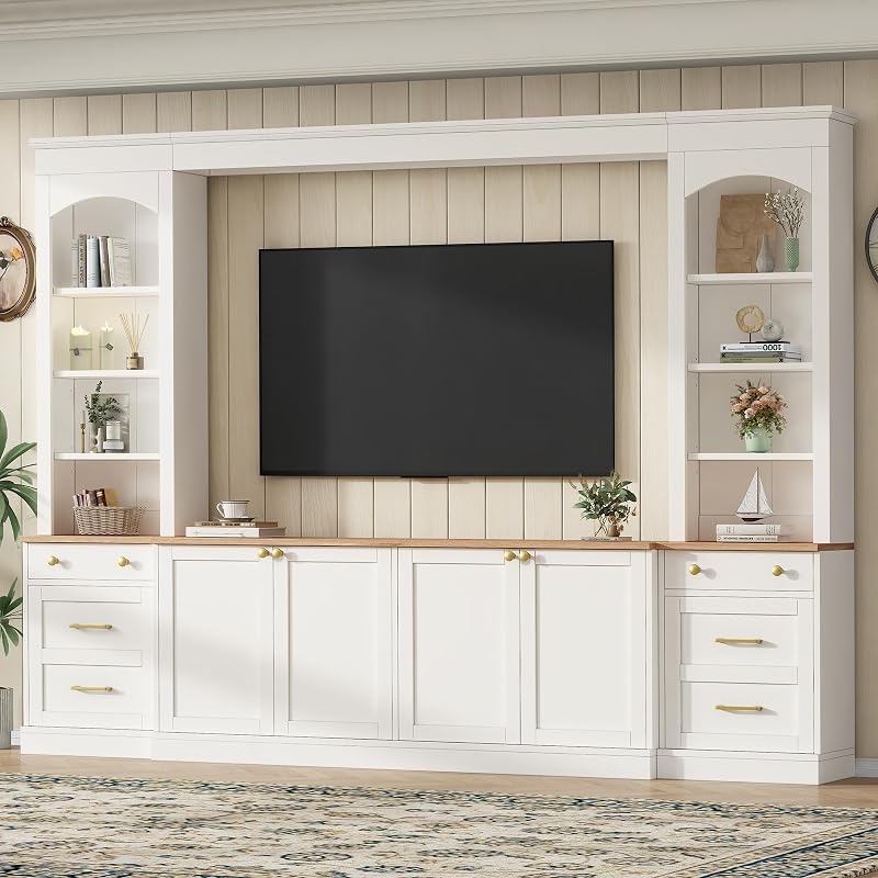 Wall Unit TV Stand with 4 Adjustable Shelves, 106.3 Inch, White