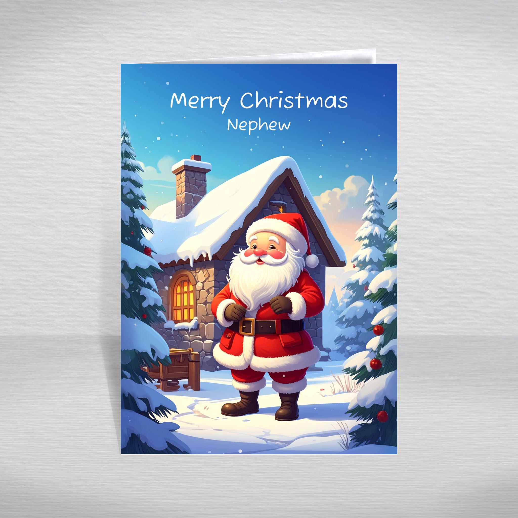 Christmas Card for Nephew – Fun Cartoon Santa Outside a Snowy Cottage, A5 Children's Greeting Card with a Cute Special Verse Inside: Nephew Christmas Card