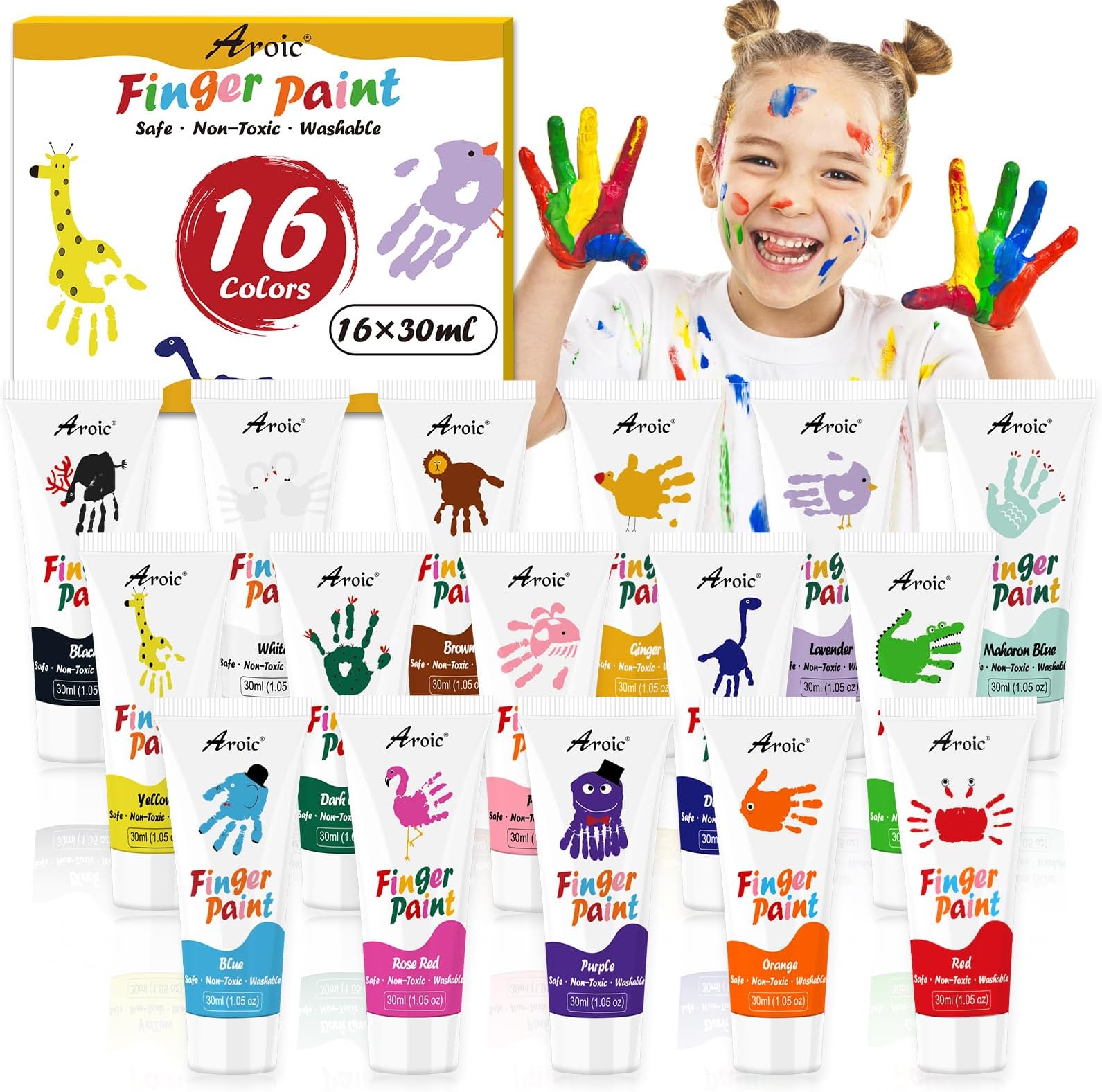 AROIC 16Colors Kids Washable Finger Paint, Non-Toxic, Art Painting Supplies for Toddlers, Finger Painting Supplies for Kids, Hand Painting DIY Crafts