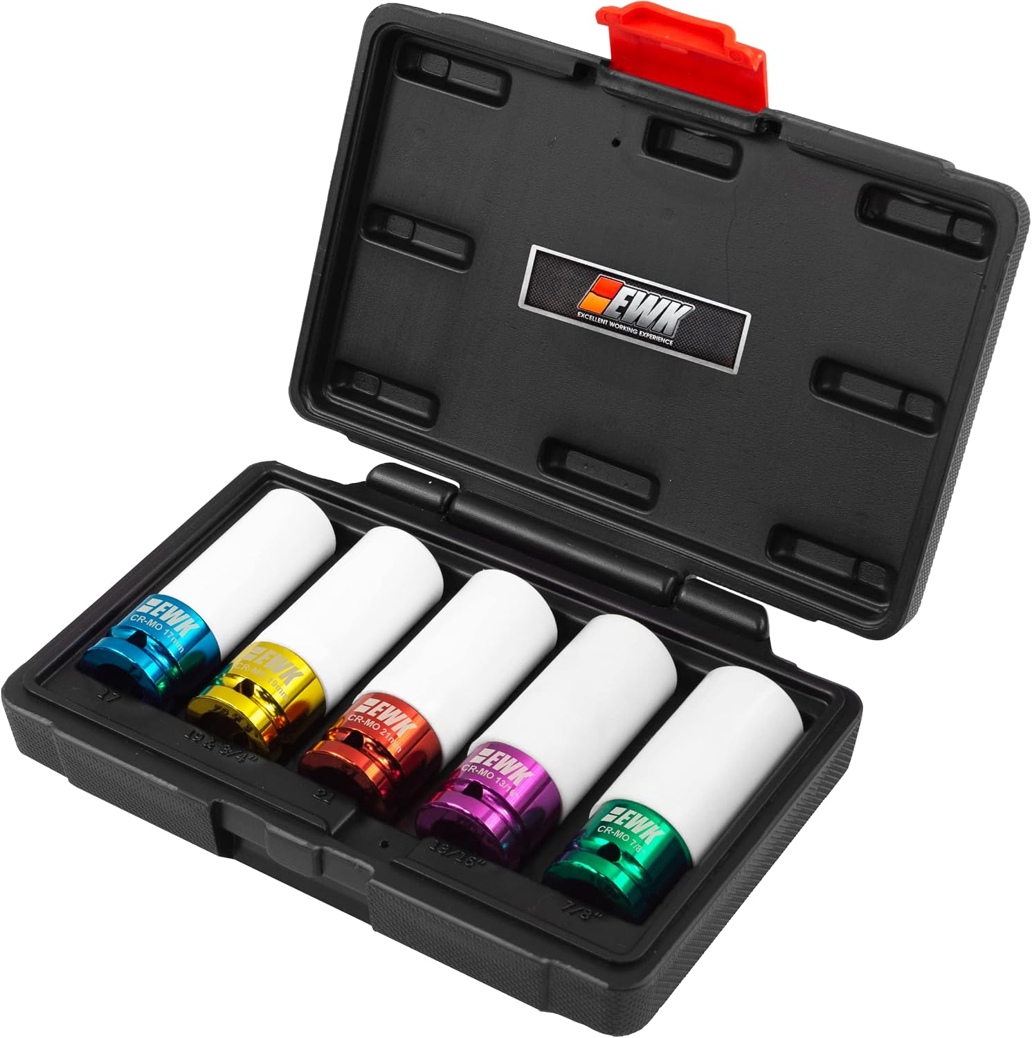 EWK 5 PCS 1/2" Drive Non Marring Lug Nut Socket Set, Metric 17mm 19mm 21mm & 7/8" 13/16" Thin Wall Deep Impact Socket Set, Protective Sleeve Prevents Damage to Custom Rims