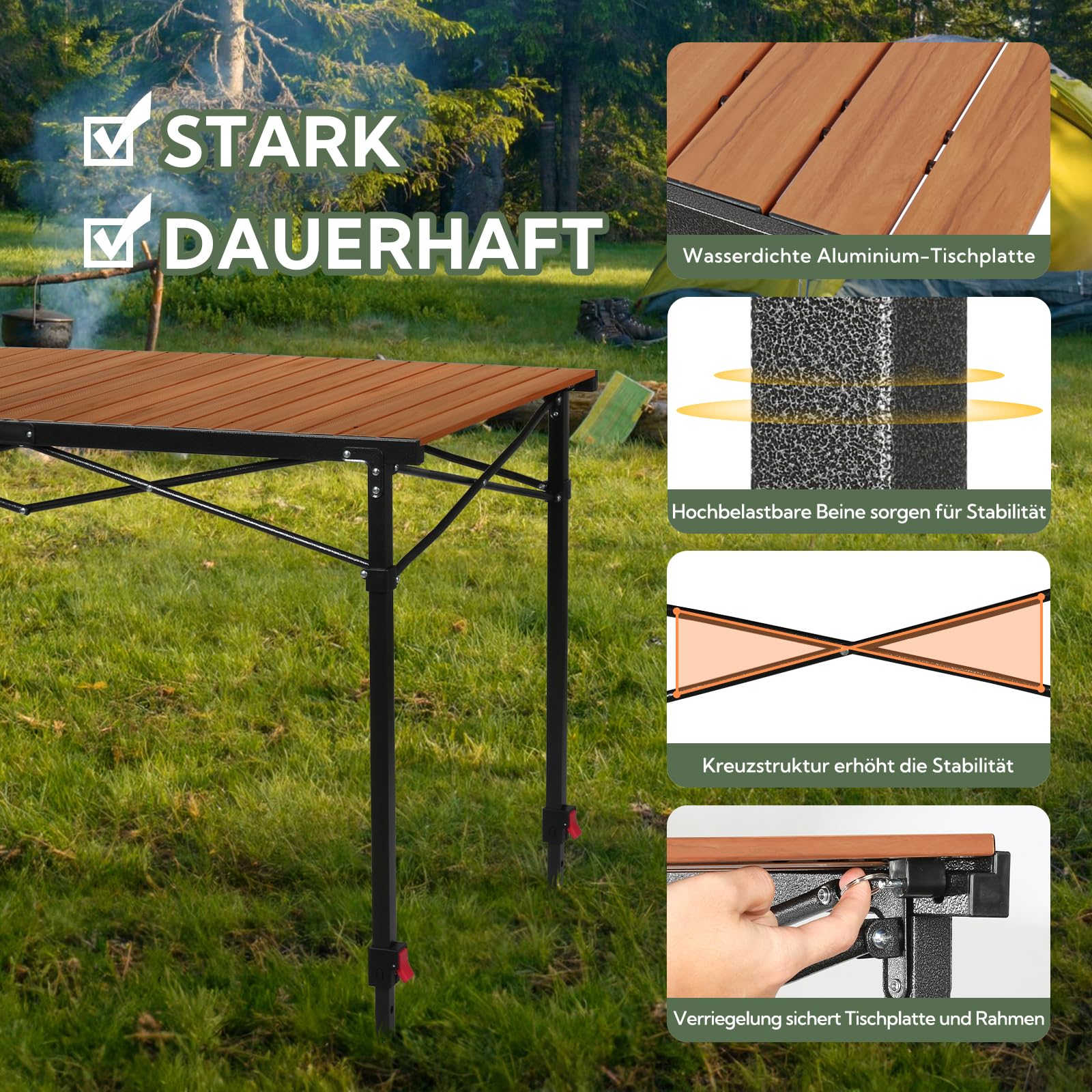 Campingtisch klappbar höhenverstellbar bis 100 kg, 120x70 cm für 6 Personen | 3-fach einstellbare Höhe Stabil Klapptisch Camping Alu Roll Up Camping Tisch für Camping, Garten, Balkon, Picknick, Holzoptik
