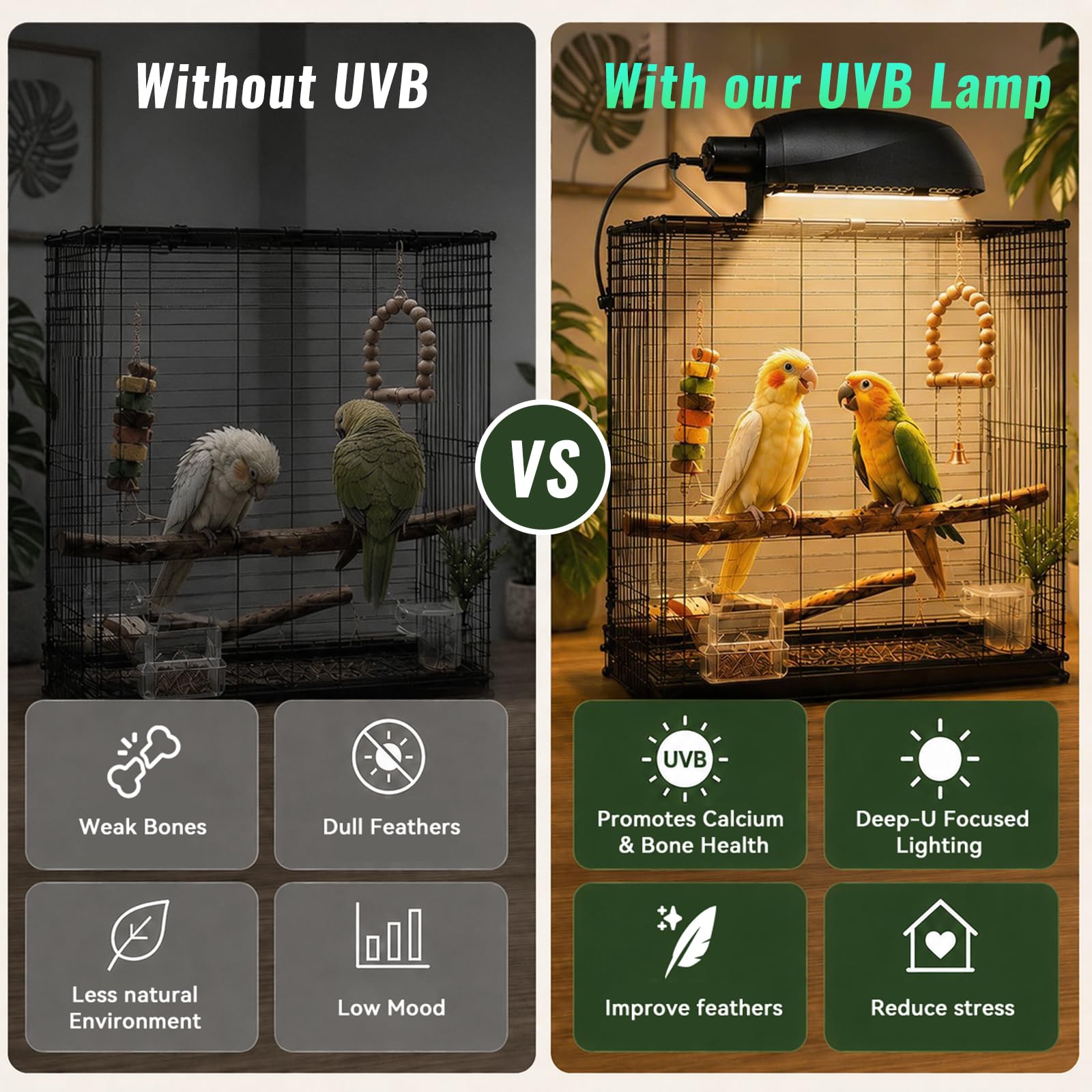 Set di lampade per uccelli UVB 2.4, 23 W, per pappagalli, rettili, uccelli, classe energetica G, rapida installazione, con cavo antimasticazione, lampada per terrario a forma di U, interfaccia E27