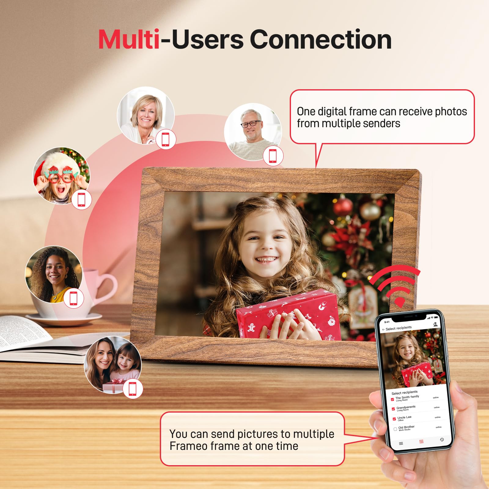 Frameo Cadre photo numérique en bois marron 10,1" Smart Wi-Fi avec écran tactile HD IPS 1280 x 800, mémoire de 32 Go, rotation automatique, montage mural