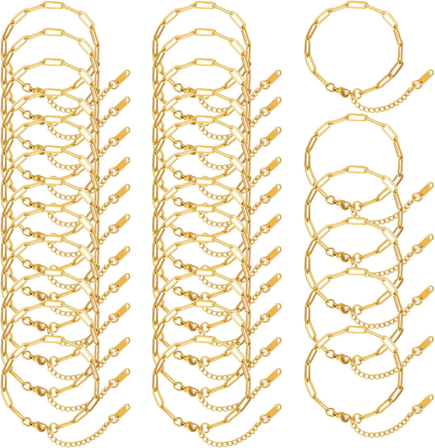 NIMBLOOM 30 Pcs 18K Gold Plated Paperclip Chain Bracelets, 6.3Inch 304 Stainless Steel Adjustable Links with Lobster Clasps, DIY Jewelry Making Supplies for Women, Bulk Craft Findings Accessories Kit