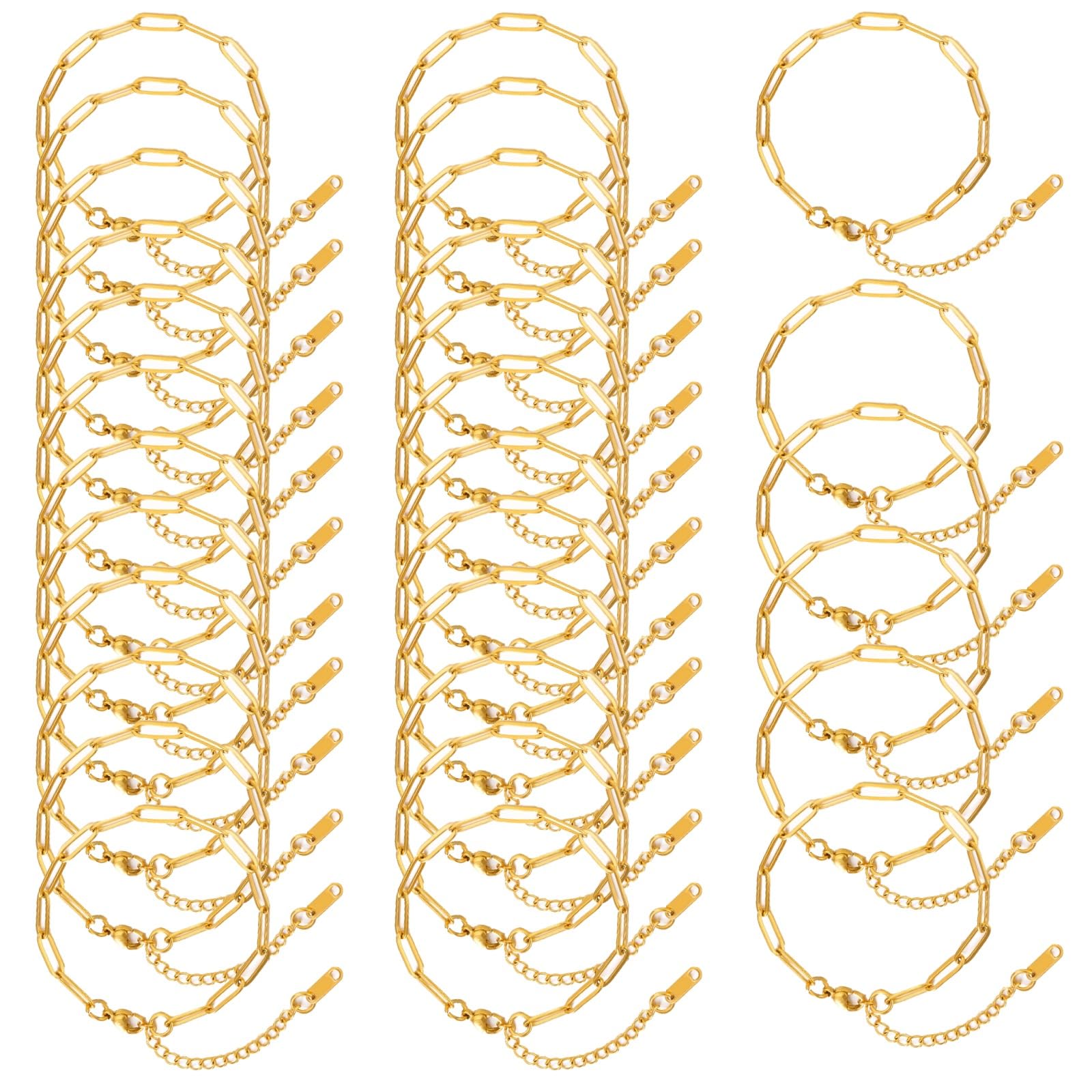Lot de 30 bracelets chaîne en acier inoxydable plaqué or 18K, bracelets dorés style trombone pour création de bijoux, chaîne réglable DIY pour femmes, fournitures de bijouterie